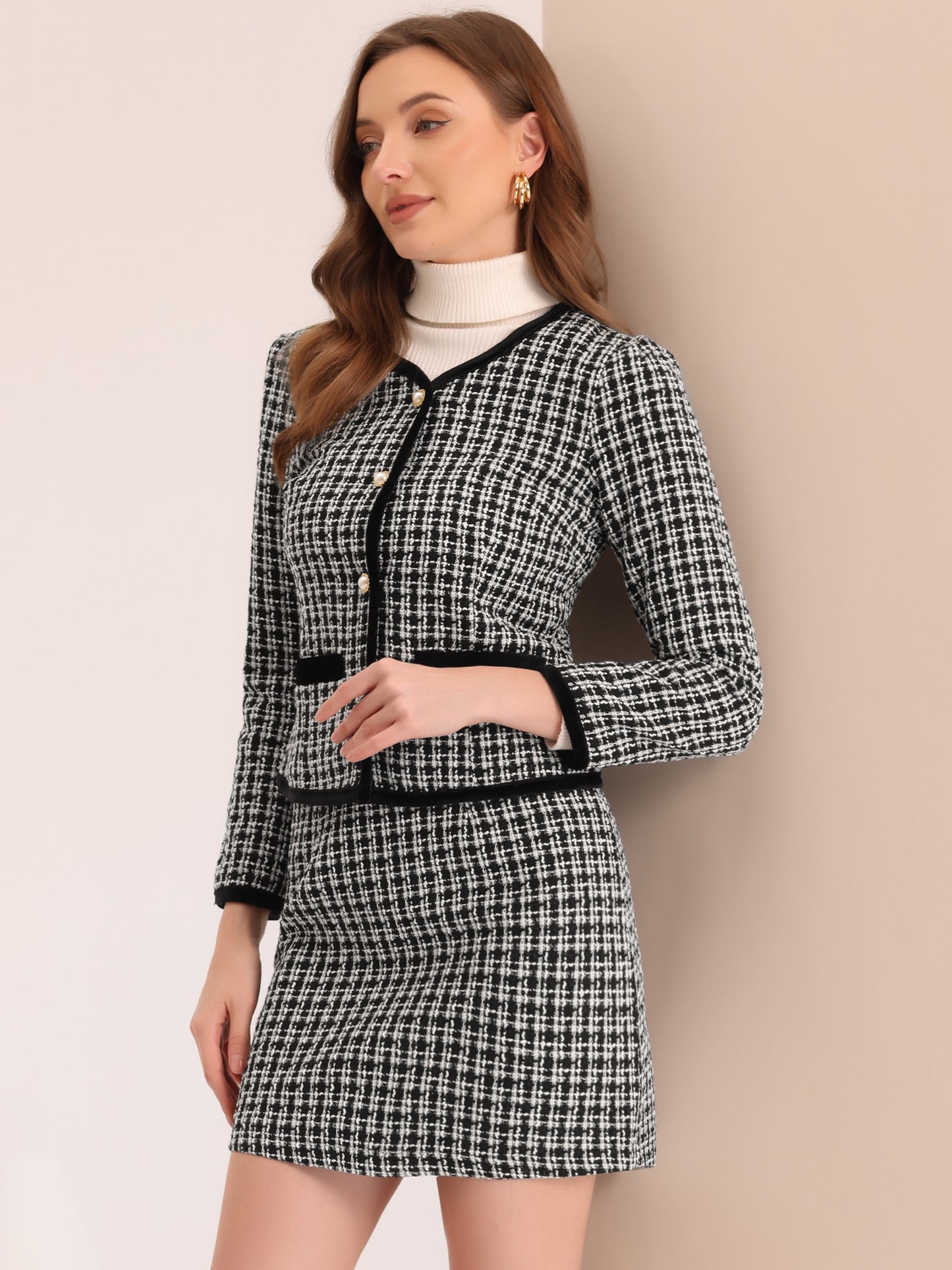 Women's 2 Piece Plaid Tweed Short Blazer Jacket and Skirt Business Suit Set