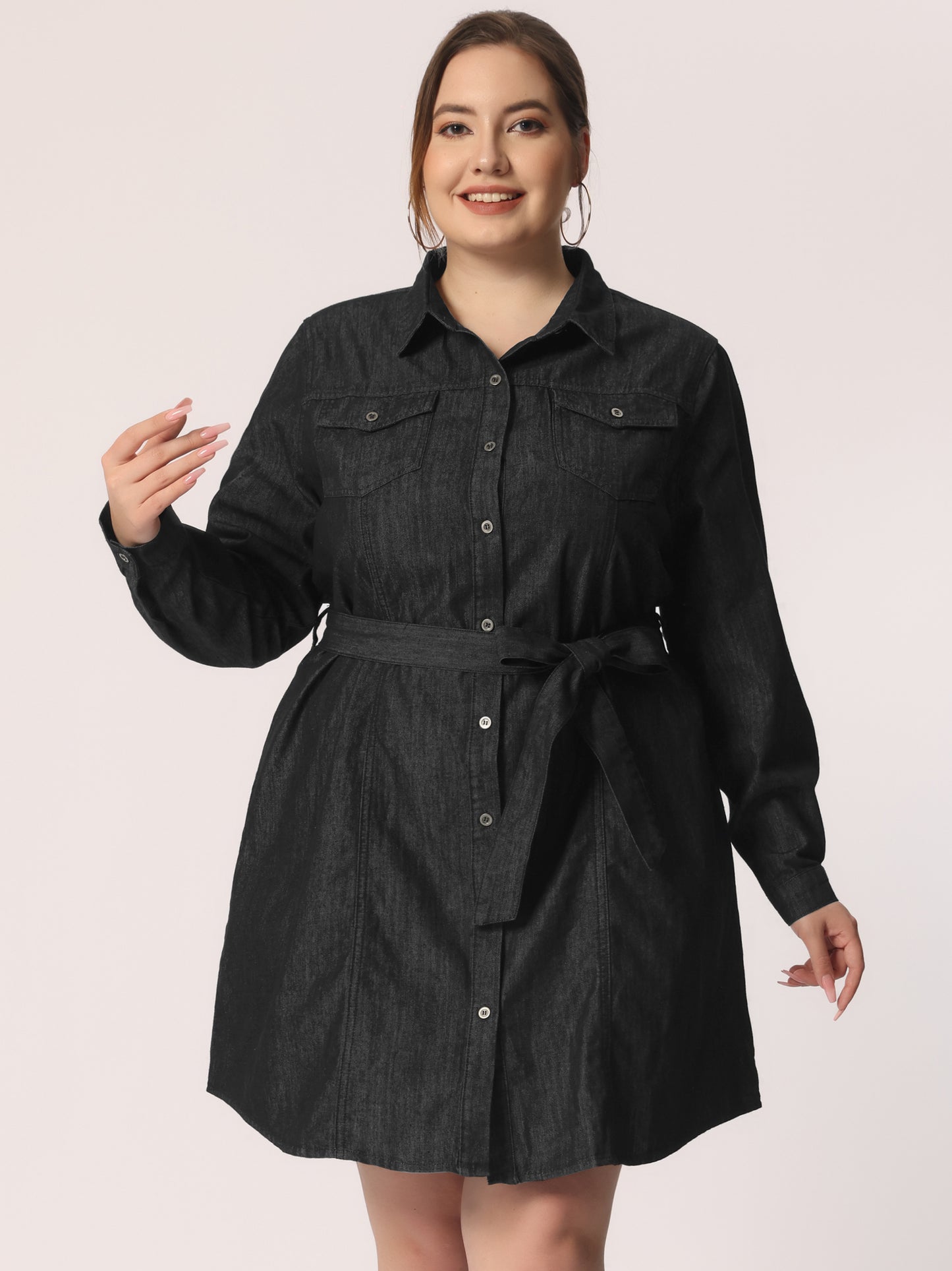 Women's Plus Size Denim Dress Midi Jean Shirt Button Down Long Sleeves Jeans Dress