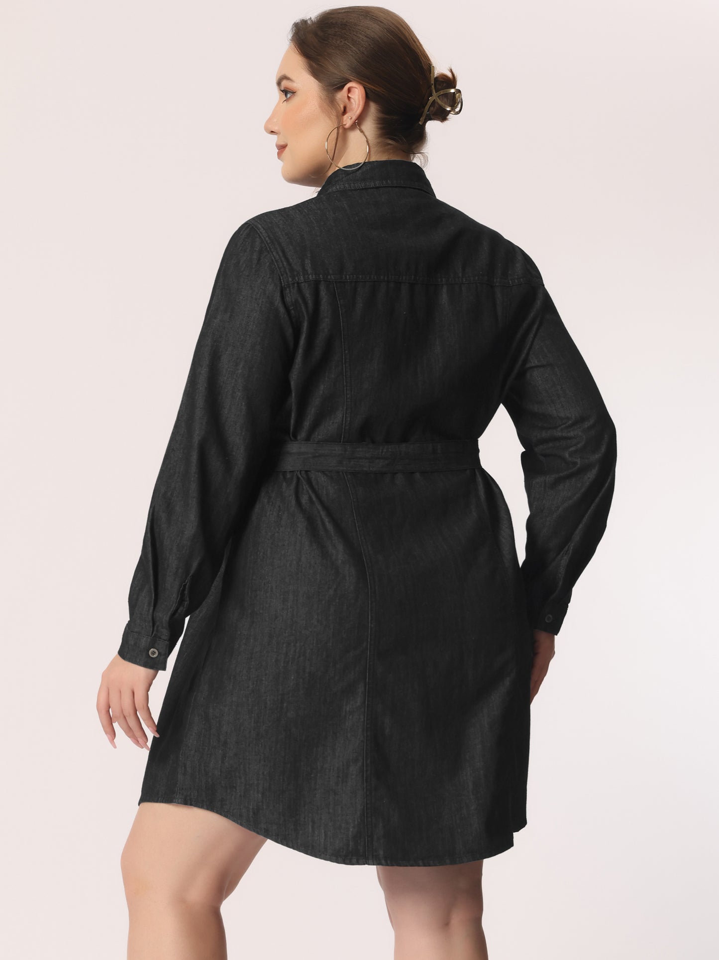 Women's Plus Size Denim Dress Midi Jean Shirt Button Down Long Sleeves Jeans Dress