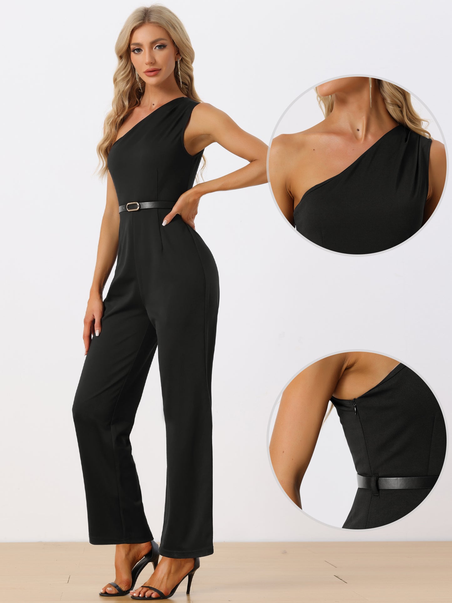 Women's Elegant Office Jumpsuit Dressy One Shoulder Belted Wide Leg Pants