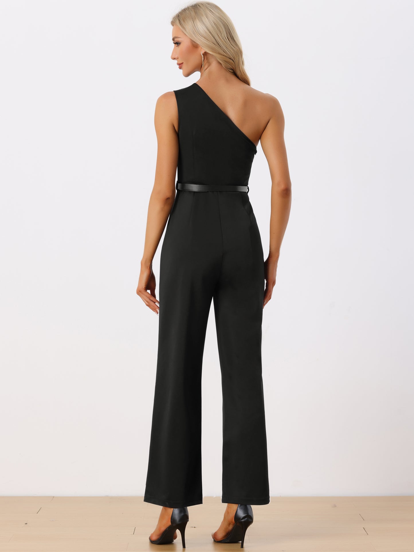 Women's Elegant Office Jumpsuit Dressy One Shoulder Belted Wide Leg Pants
