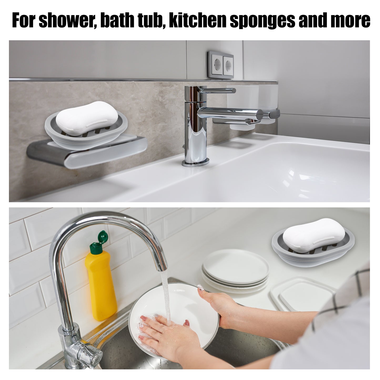 Double Layer Plastic Soap Dish for Bathroom Kitchen, 13x9.5cm Light Gray