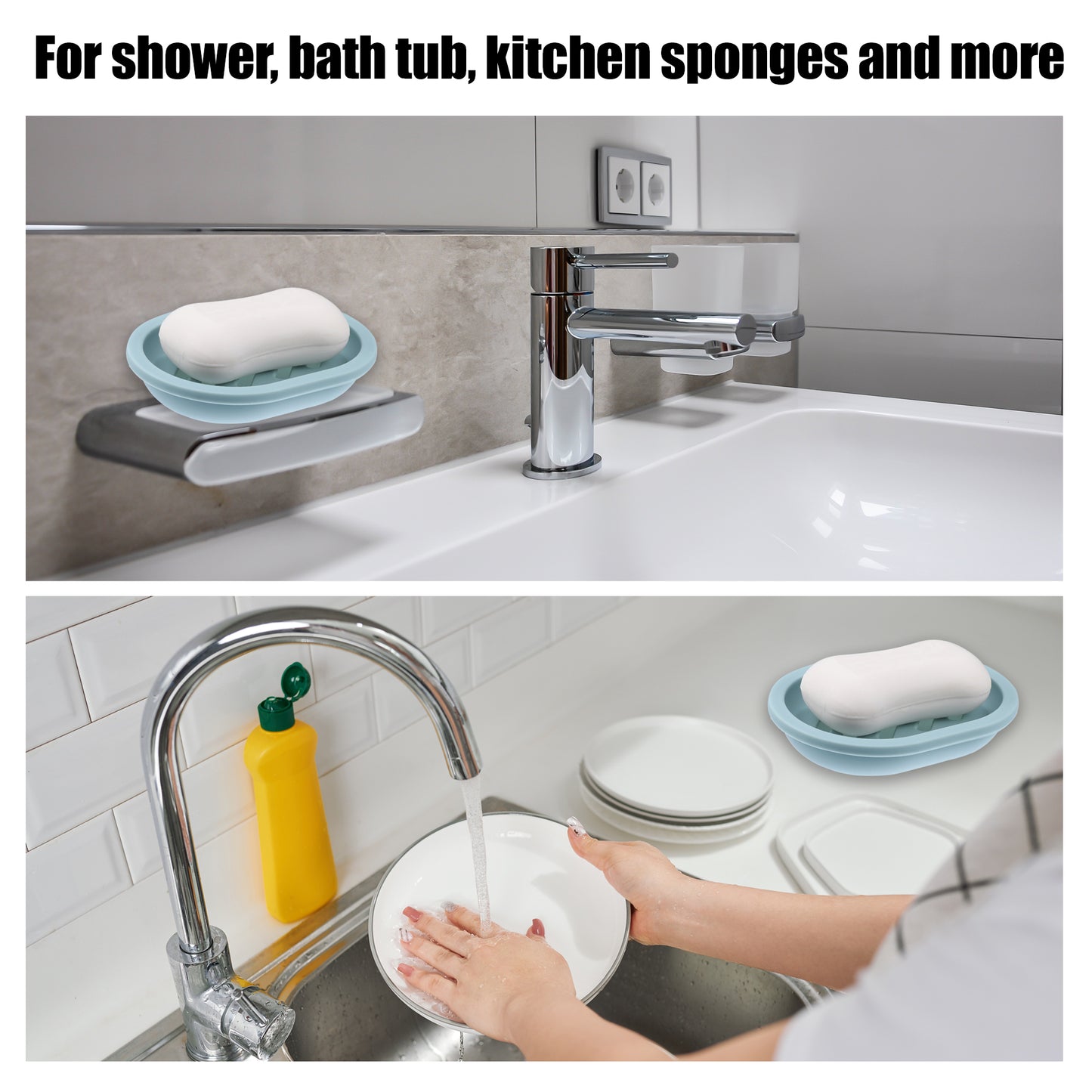 Double Layer Plastic Soap Dish for Bathroom Kitchen, 13x9.5cm Light Blue
