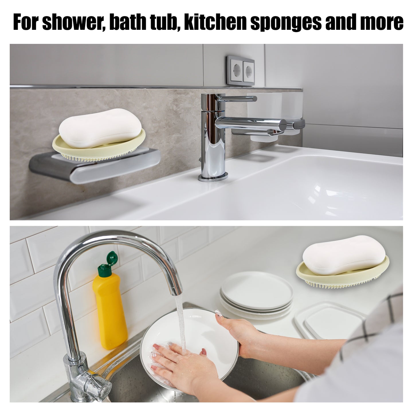 1 Pc Silicone Soap Dish with Bristles, 2 in 1 Soap Saver, 11.5x7cm Beige