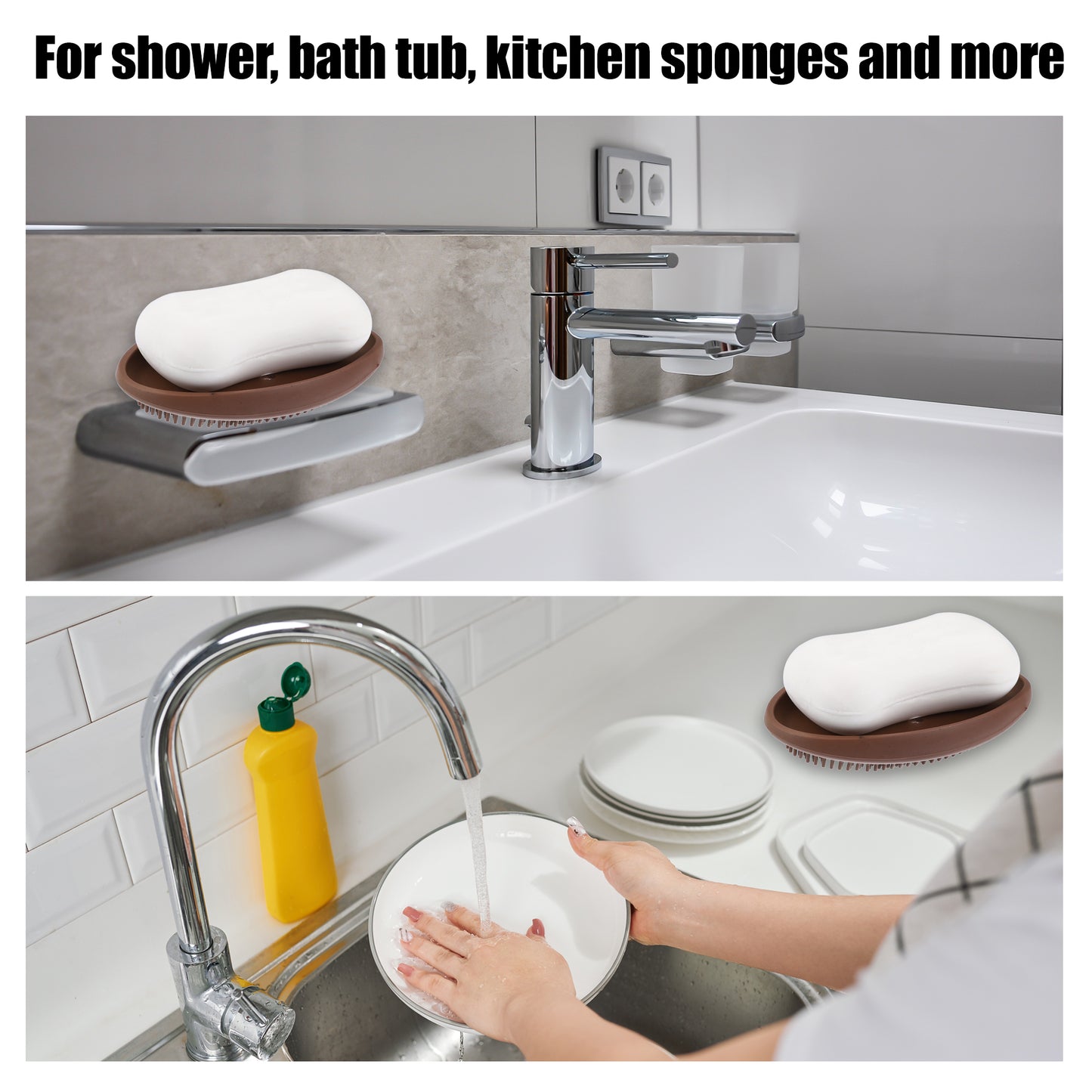 1 Pc Silicone Soap Dish with Bristles, 2 in 1 Soap Saver, 11.5x7cm Brown
