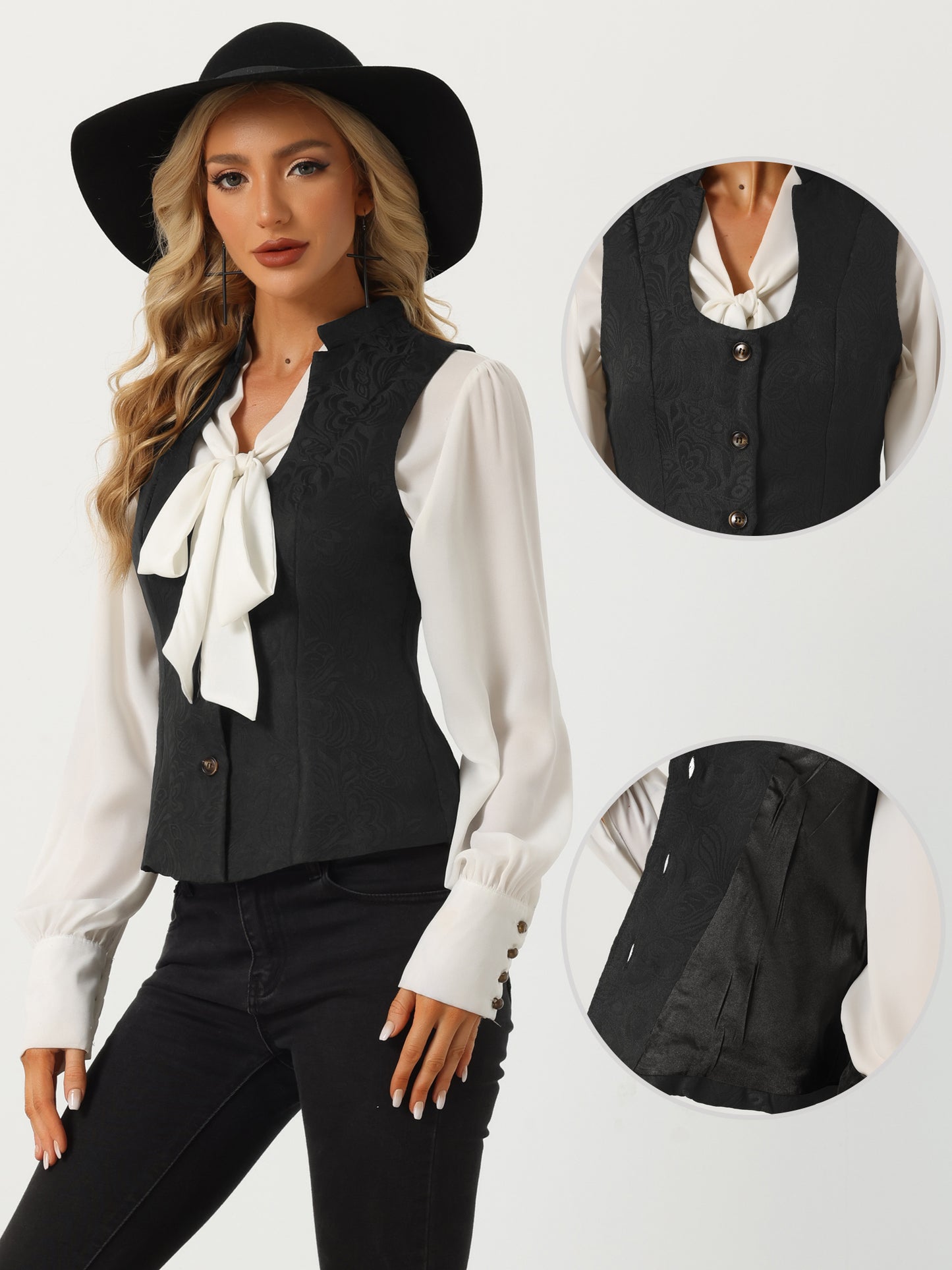 Women's Retro Blazer Steampunk Jacquard Dressy Vest Suit Waistcoat