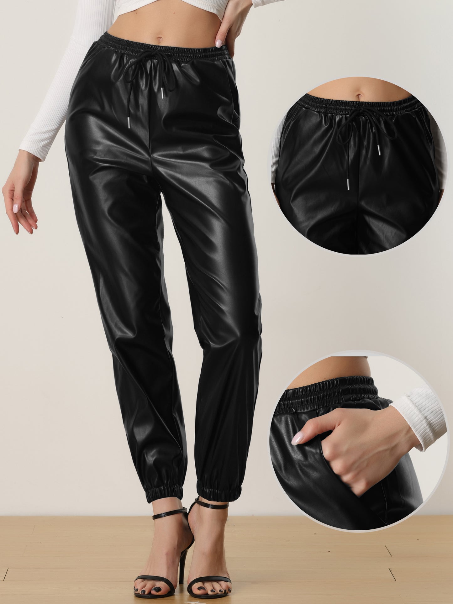 Women's Faux Leather Pants Drawstring High Waist Joggers Casual Tapered Trousers
