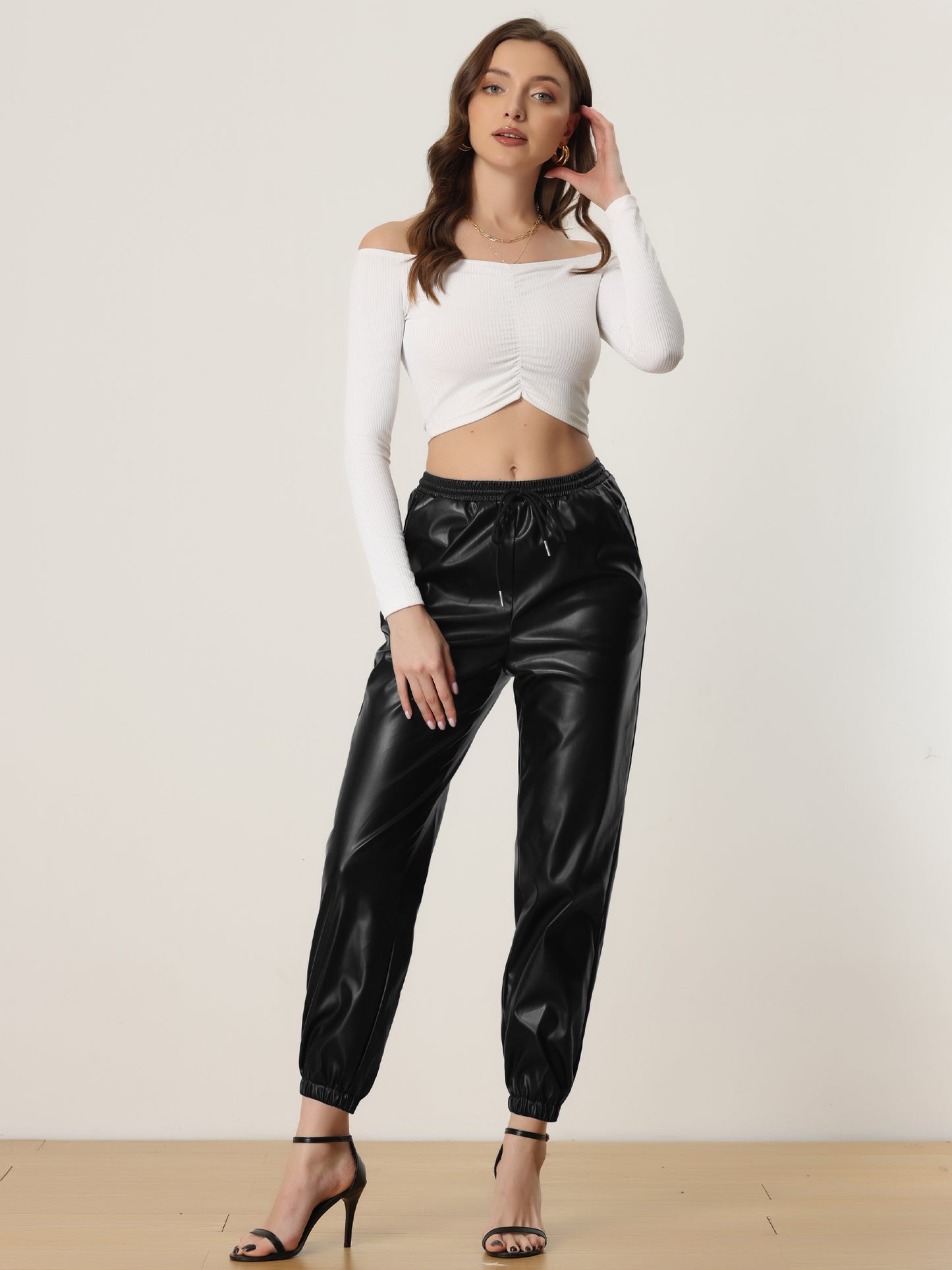 Women's Faux Leather Pants Drawstring High Waist Joggers Casual Tapered Trousers