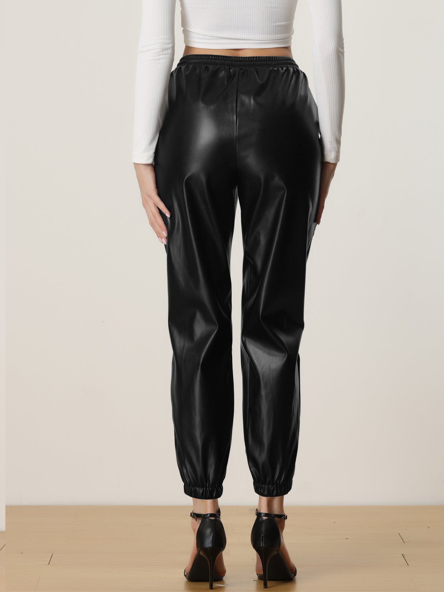 Women's Faux Leather Pants Drawstring High Waist Joggers Casual Tapered Trousers