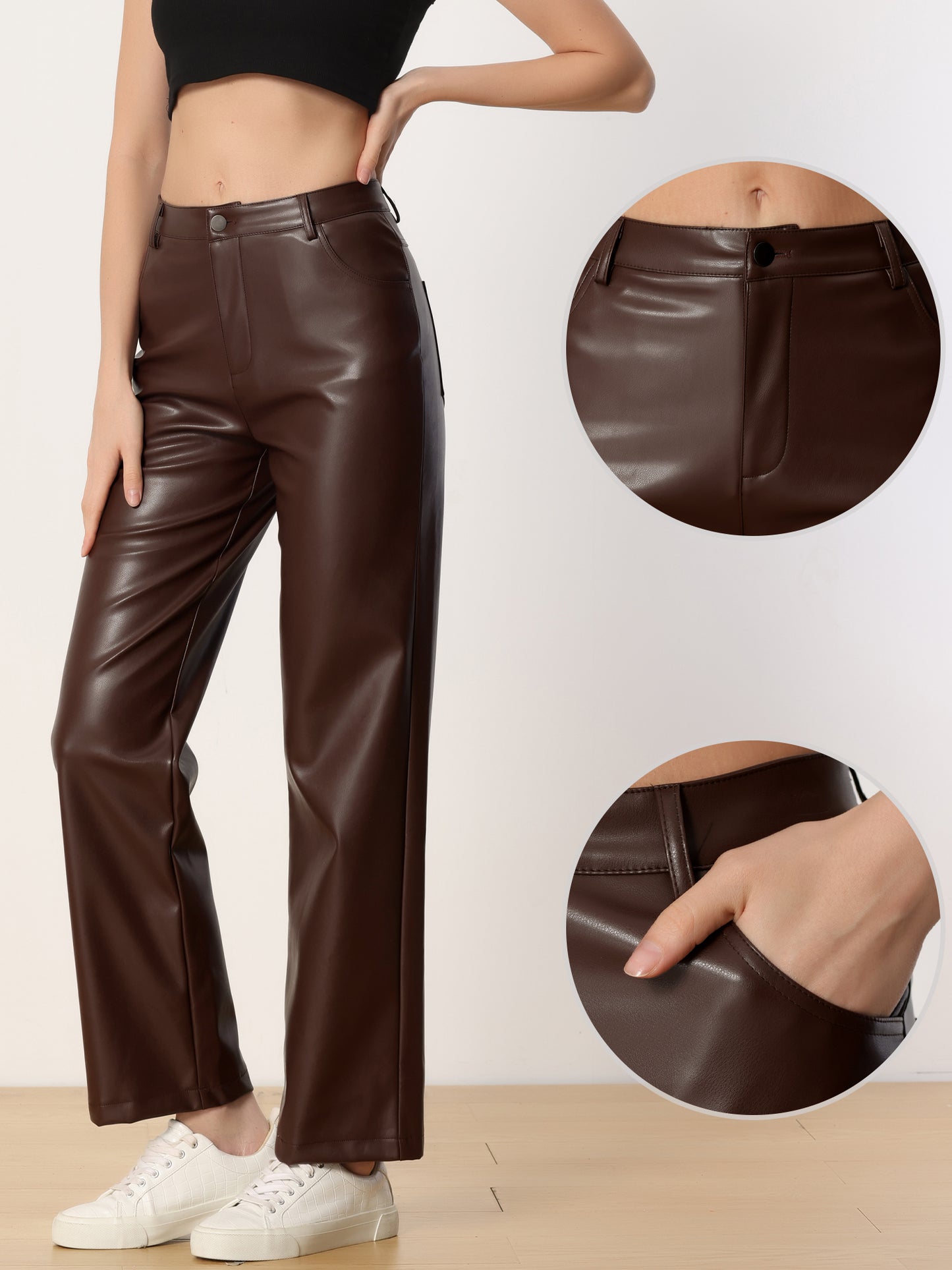 Women's High Waist Straight Leg Punk PU Trousers Faux Leather Pants