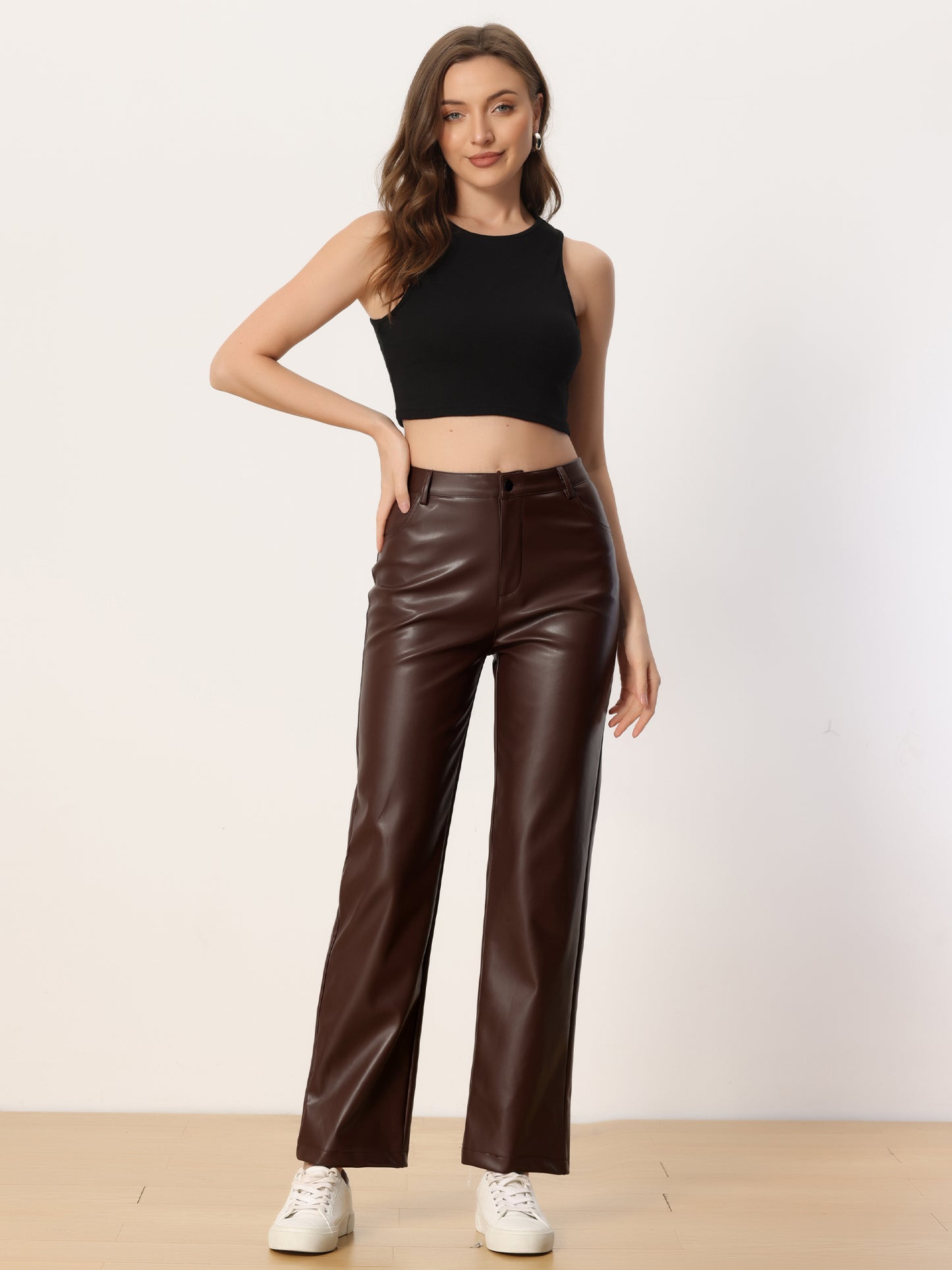 Women's High Waist Straight Leg Punk PU Trousers Faux Leather Pants
