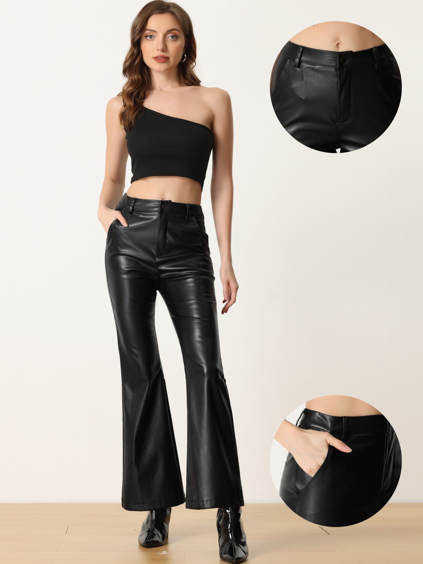 Women's Faux Leather Casual Pants High Waist Bell Bottom Flared Long PU Trousers
