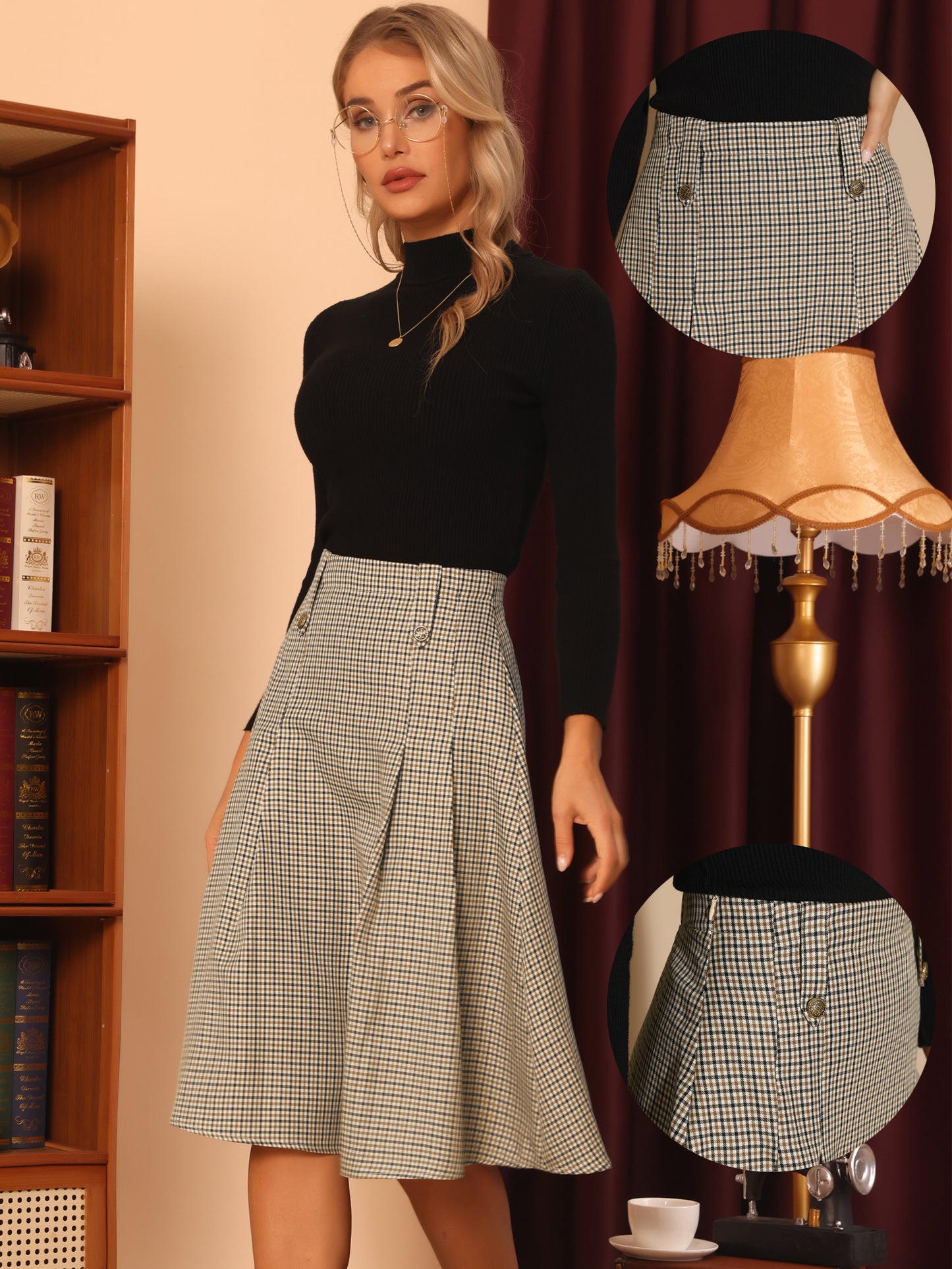 Faldas a cuadros vintage para mujer, falda midi plisada de cintura alta y corte A
