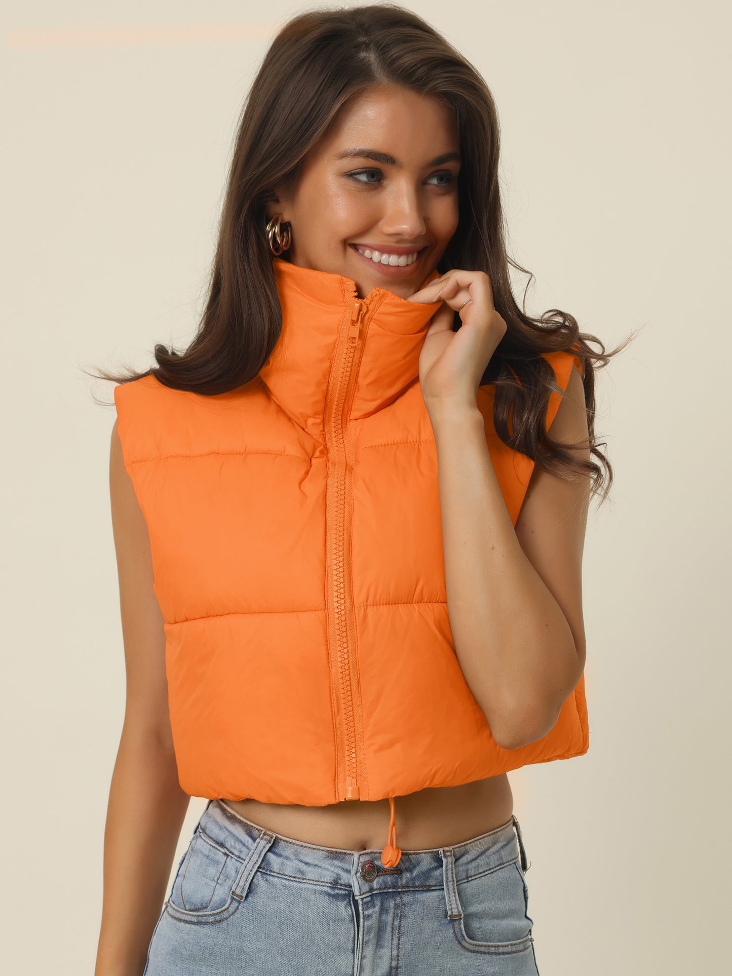 Women's Stand Collar Crop Puffer Vest Lightweight Sleeveless Puffer Padded Gilet Streetwear