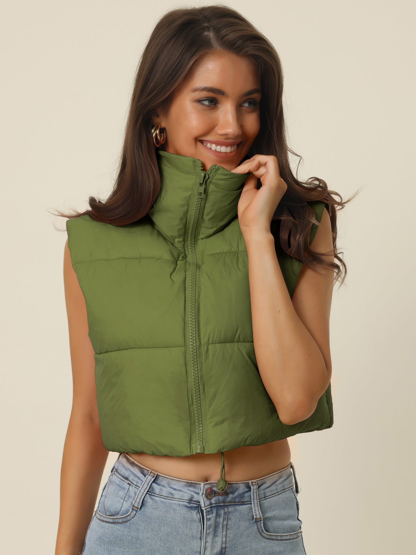 Women's Stand Collar Crop Puffer Vest Lightweight Sleeveless Puffer Padded Gilet Streetwear