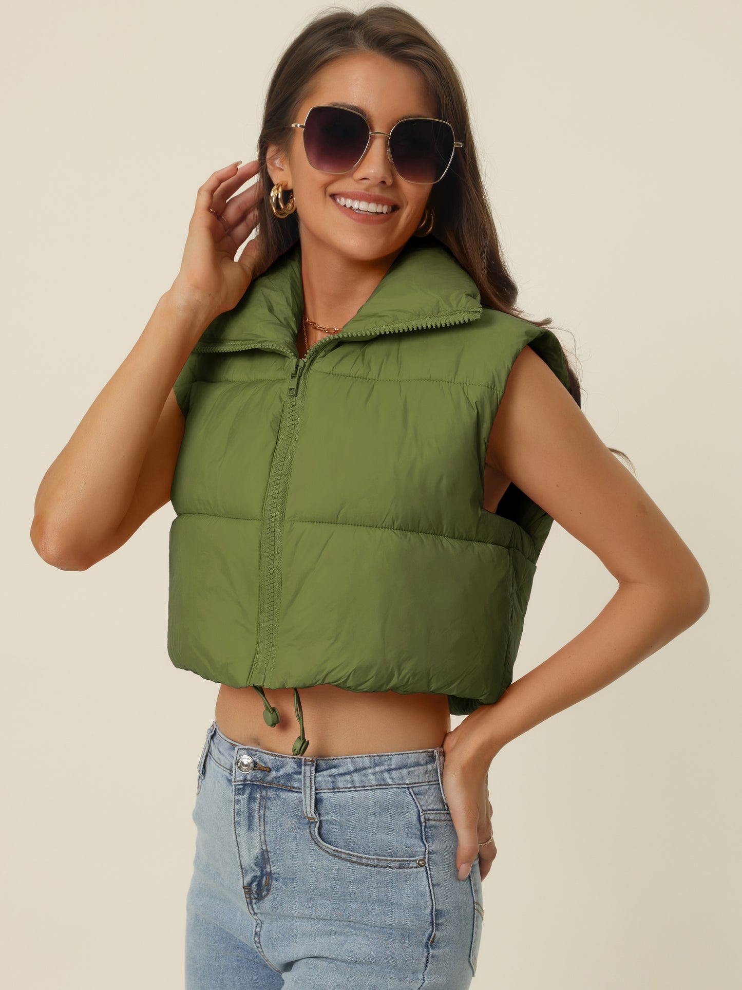 Women's Stand Collar Crop Puffer Vest Lightweight Sleeveless Puffer Padded Gilet Streetwear