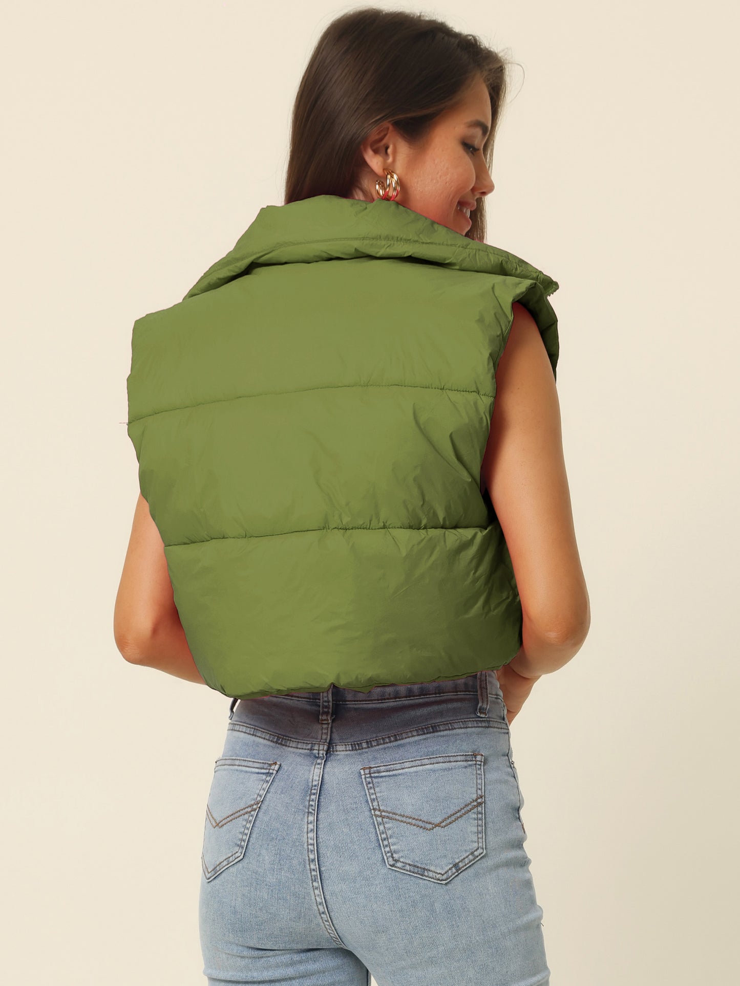 Women's Stand Collar Crop Puffer Vest Lightweight Sleeveless Puffer Padded Gilet Streetwear