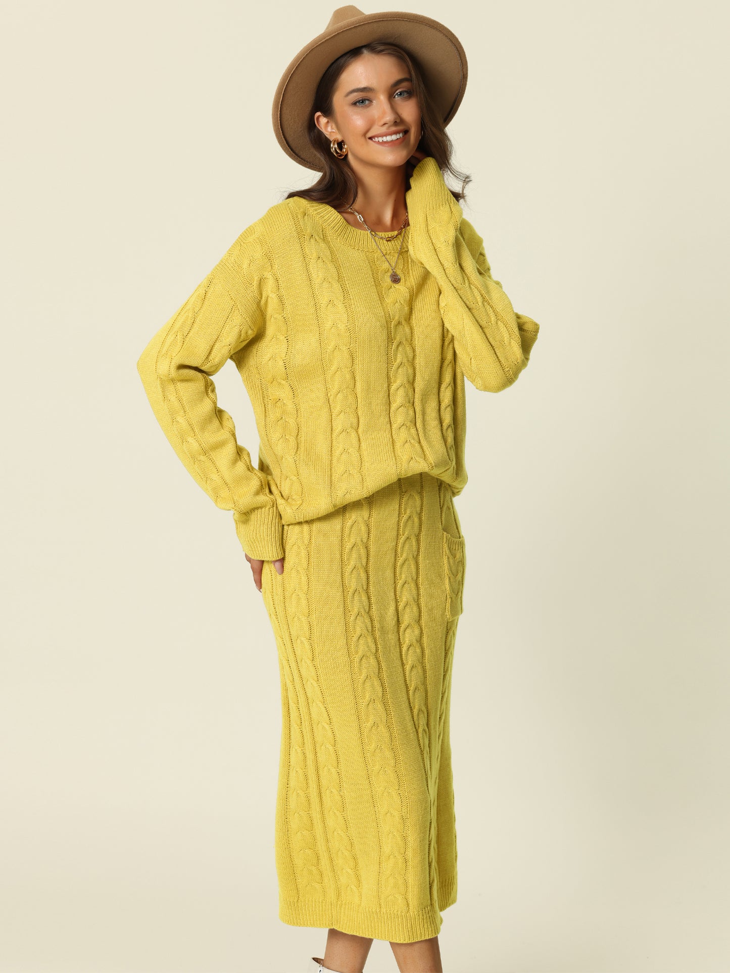 Womens' Fall Winter Crewneck Sweater Outfit Midi Skirt with Pockets Two Piece Lounge Set