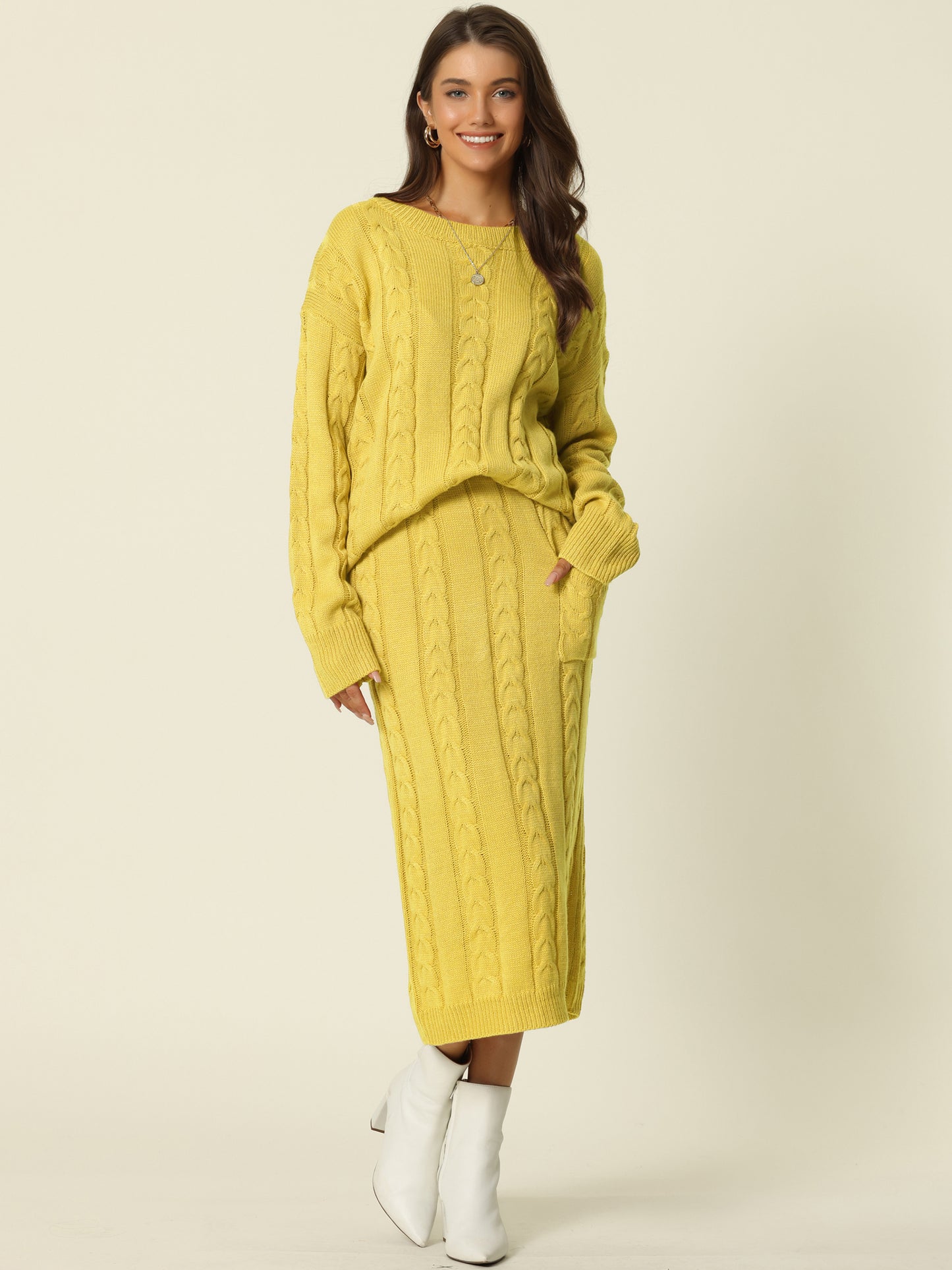 Womens' Fall Winter Crewneck Sweater Outfit Midi Skirt with Pockets Two Piece Lounge Set