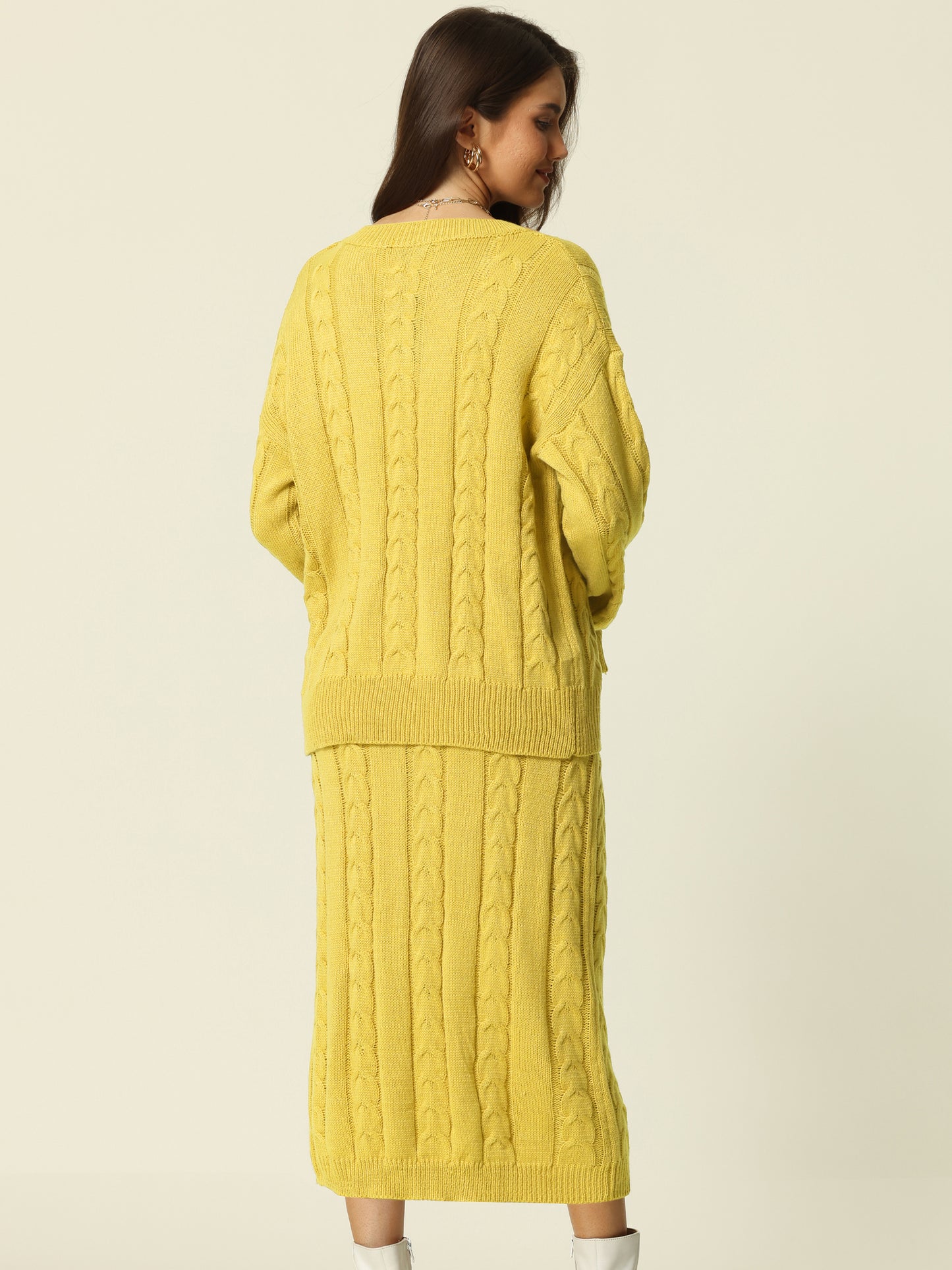 Womens' Fall Winter Crewneck Sweater Outfit Midi Skirt with Pockets Two Piece Lounge Set