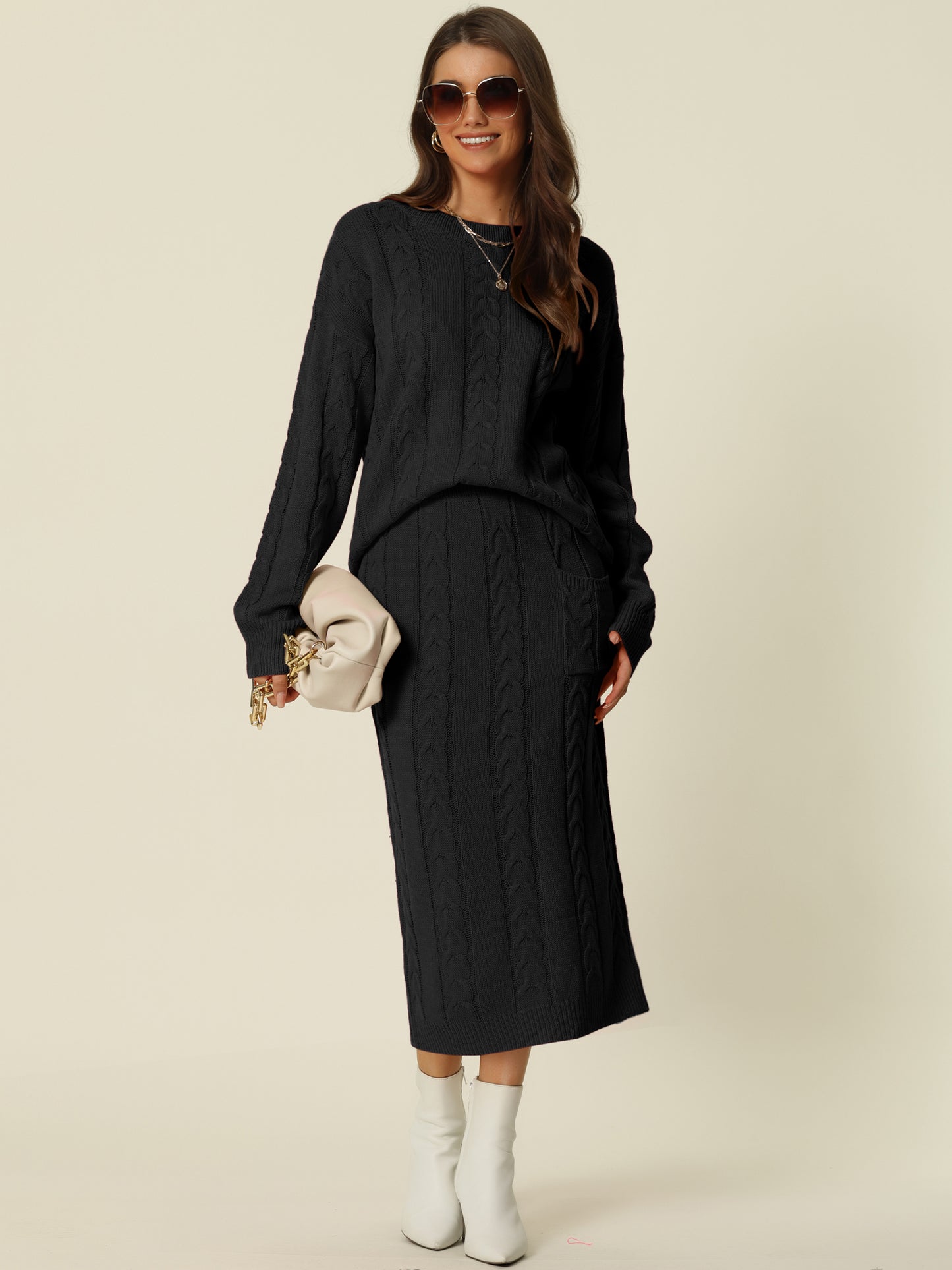 Womens' Fall Winter Crewneck Sweater Outfit Midi Skirt with Pockets Two Piece Lounge Set