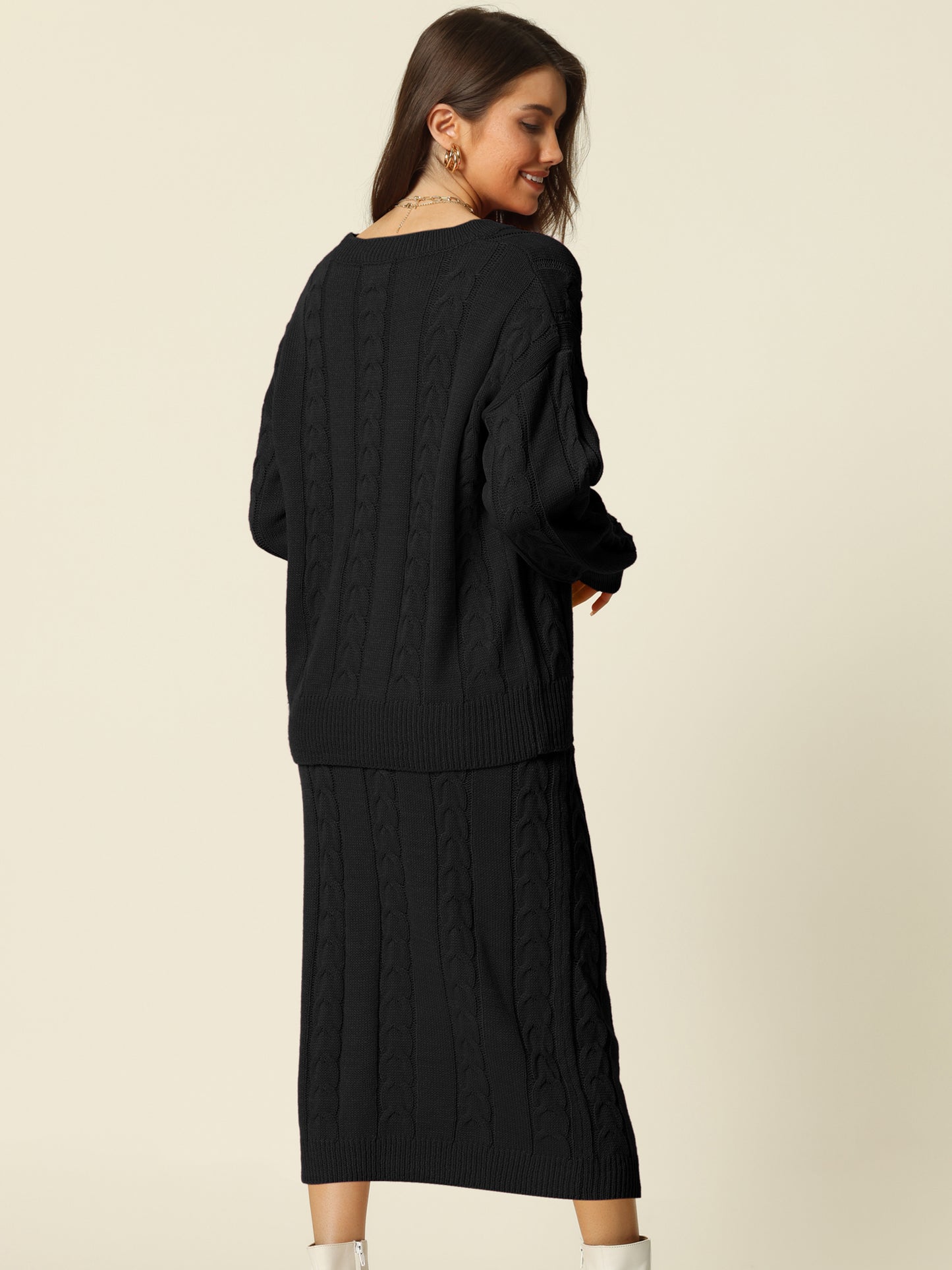 Womens' Fall Winter Crewneck Sweater Outfit Midi Skirt with Pockets Two Piece Lounge Set