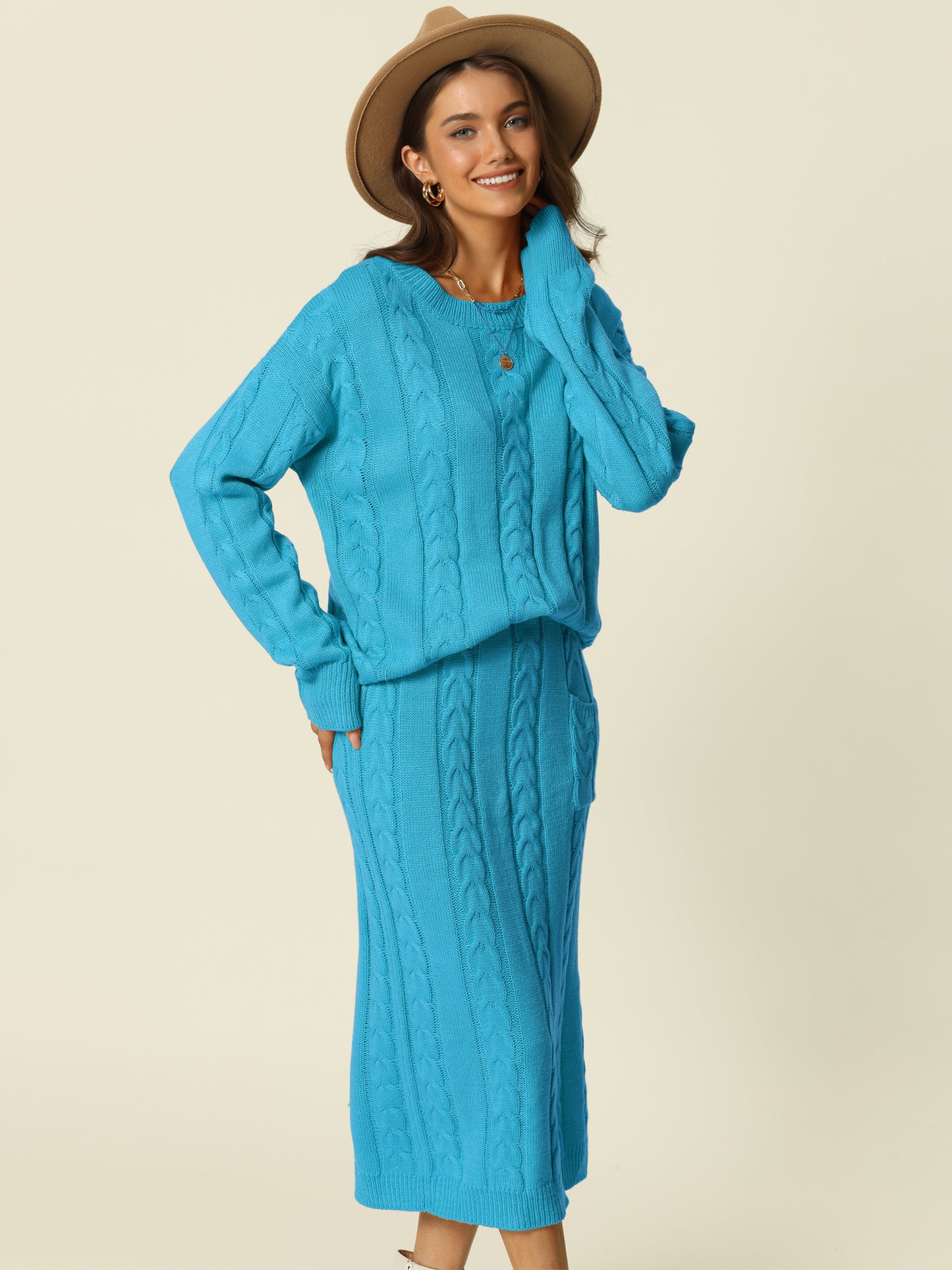 Womens' Fall Winter Crewneck Sweater Outfit Midi Skirt with Pockets Two Piece Lounge Set
