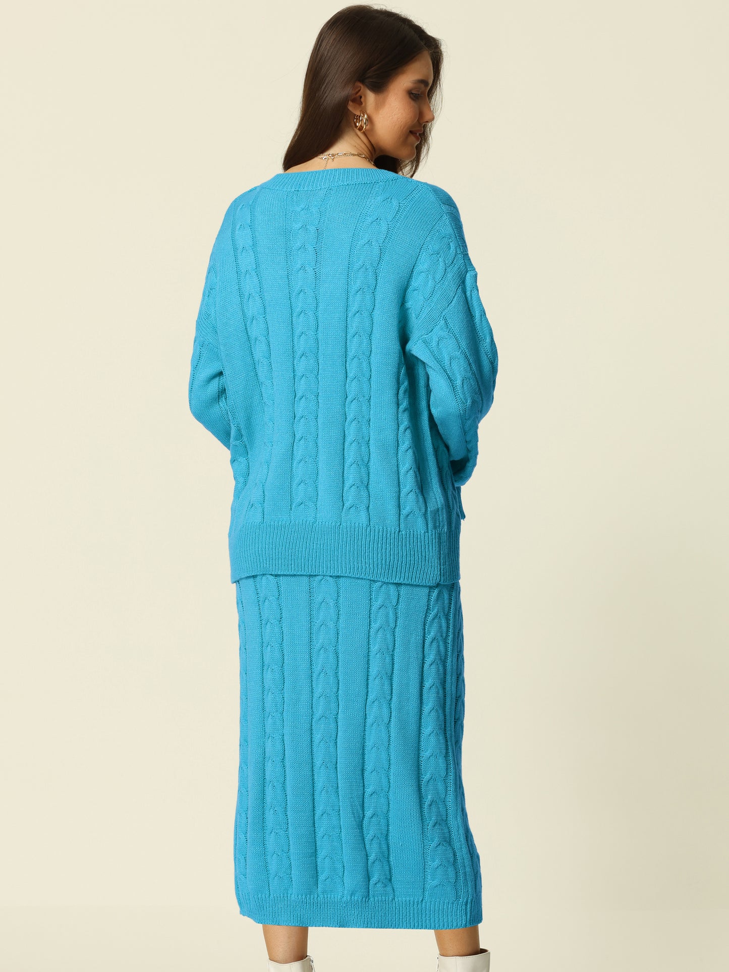 Womens' Fall Winter Crewneck Sweater Outfit Midi Skirt with Pockets Two Piece Lounge Set