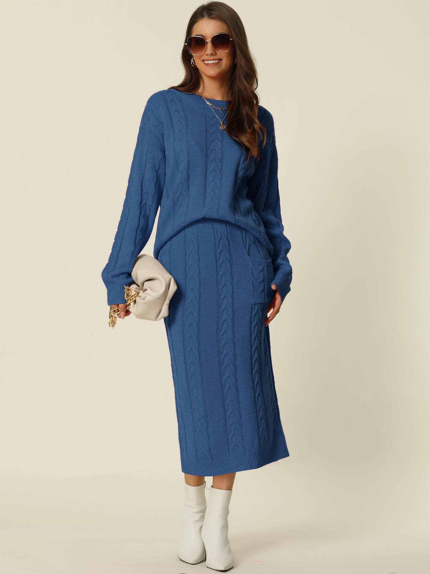 Womens' Fall Winter Crewneck Sweater Outfit Midi Skirt with Pockets Two Piece Lounge Set