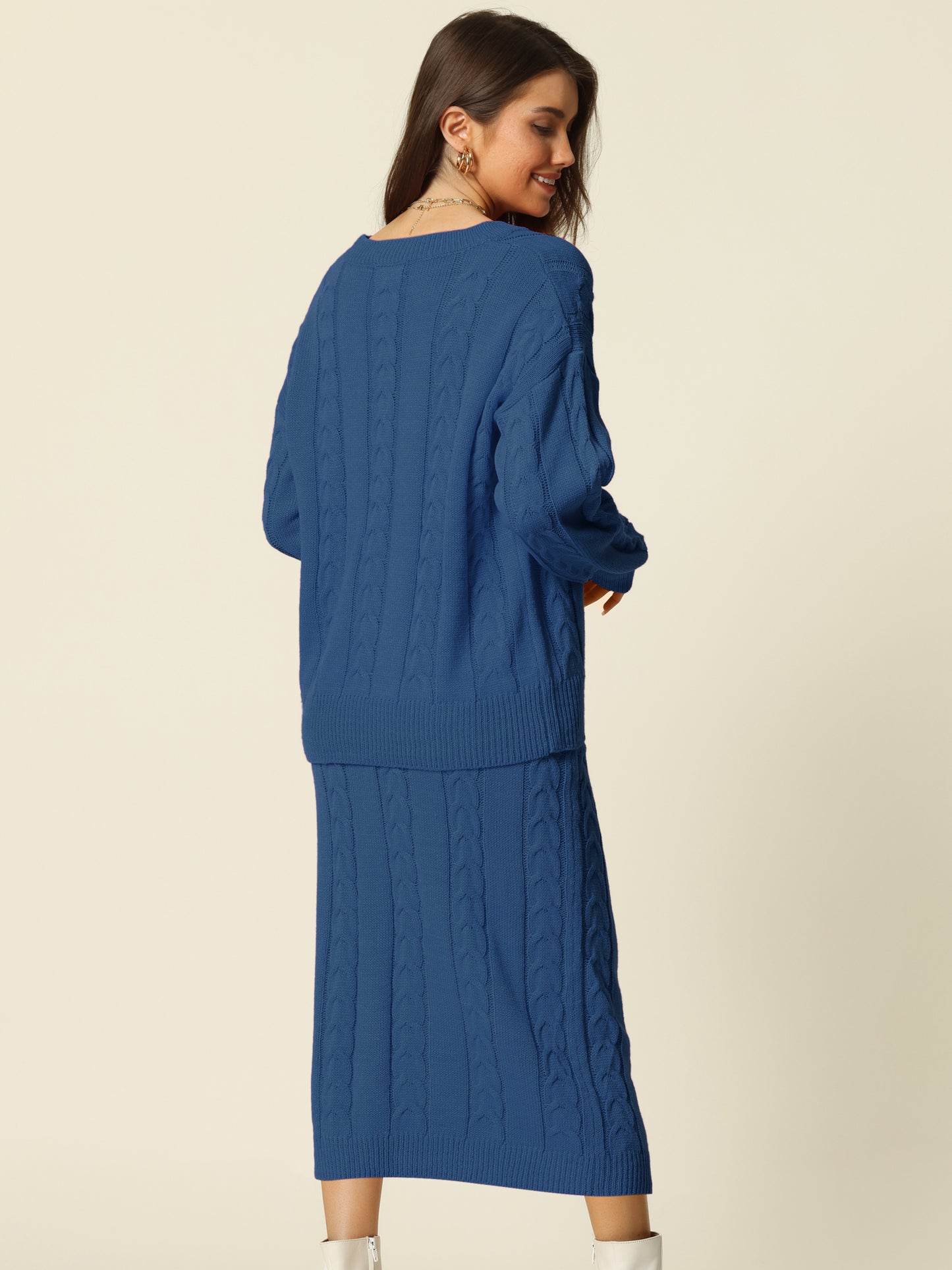Womens' Fall Winter Crewneck Sweater Outfit Midi Skirt with Pockets Two Piece Lounge Set