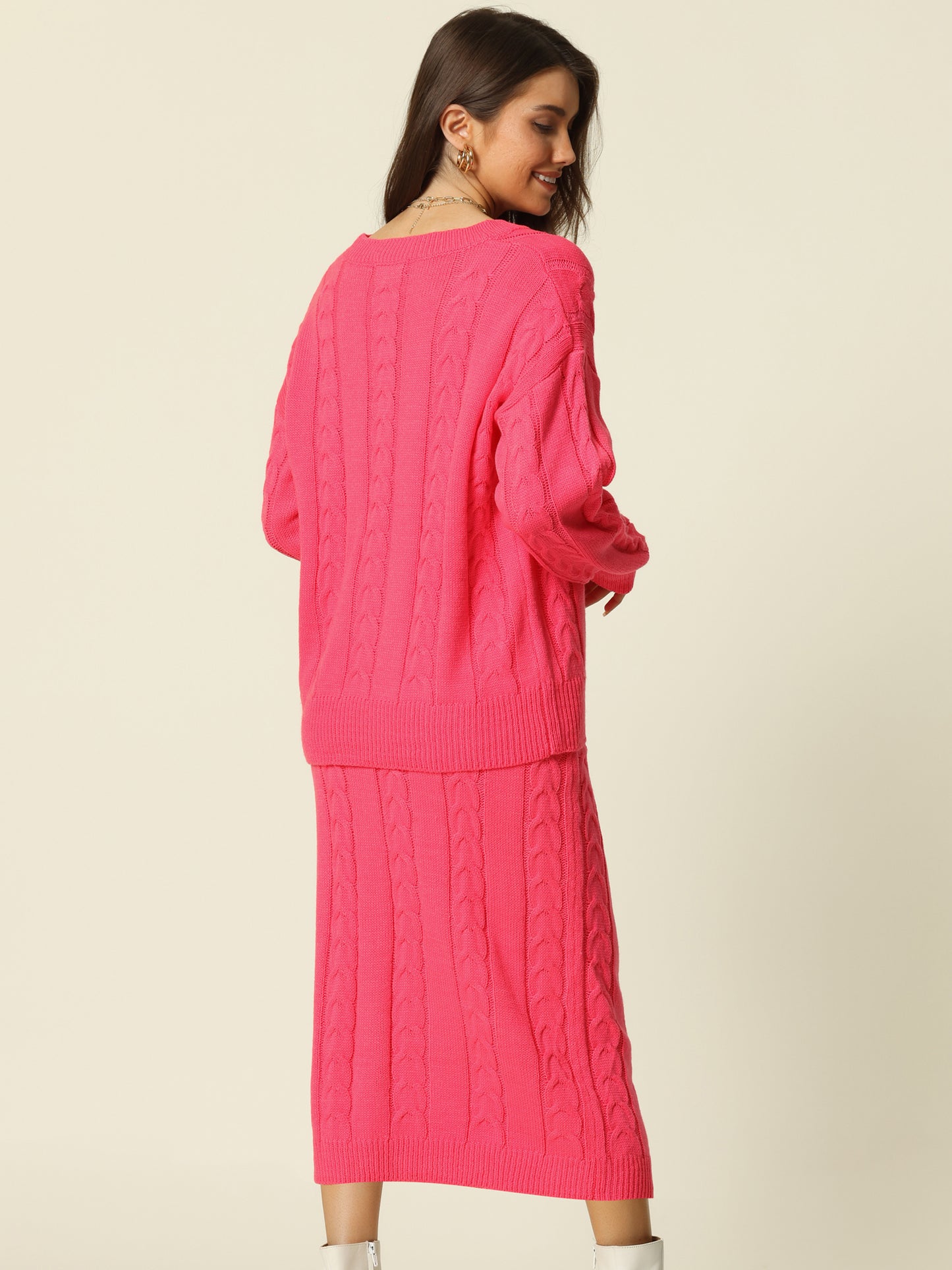 Womens' Fall Winter Crewneck Sweater Outfit Midi Skirt with Pockets Two Piece Lounge Set