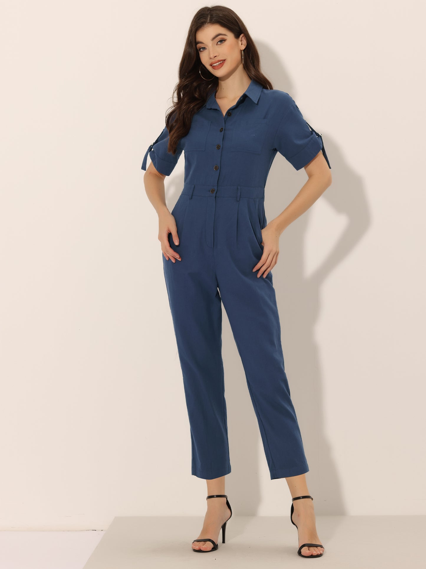 Women's Short Sleeve Collared Cropped Coverall Button Down Tie Waist Cotton Cargo Jumpsuit