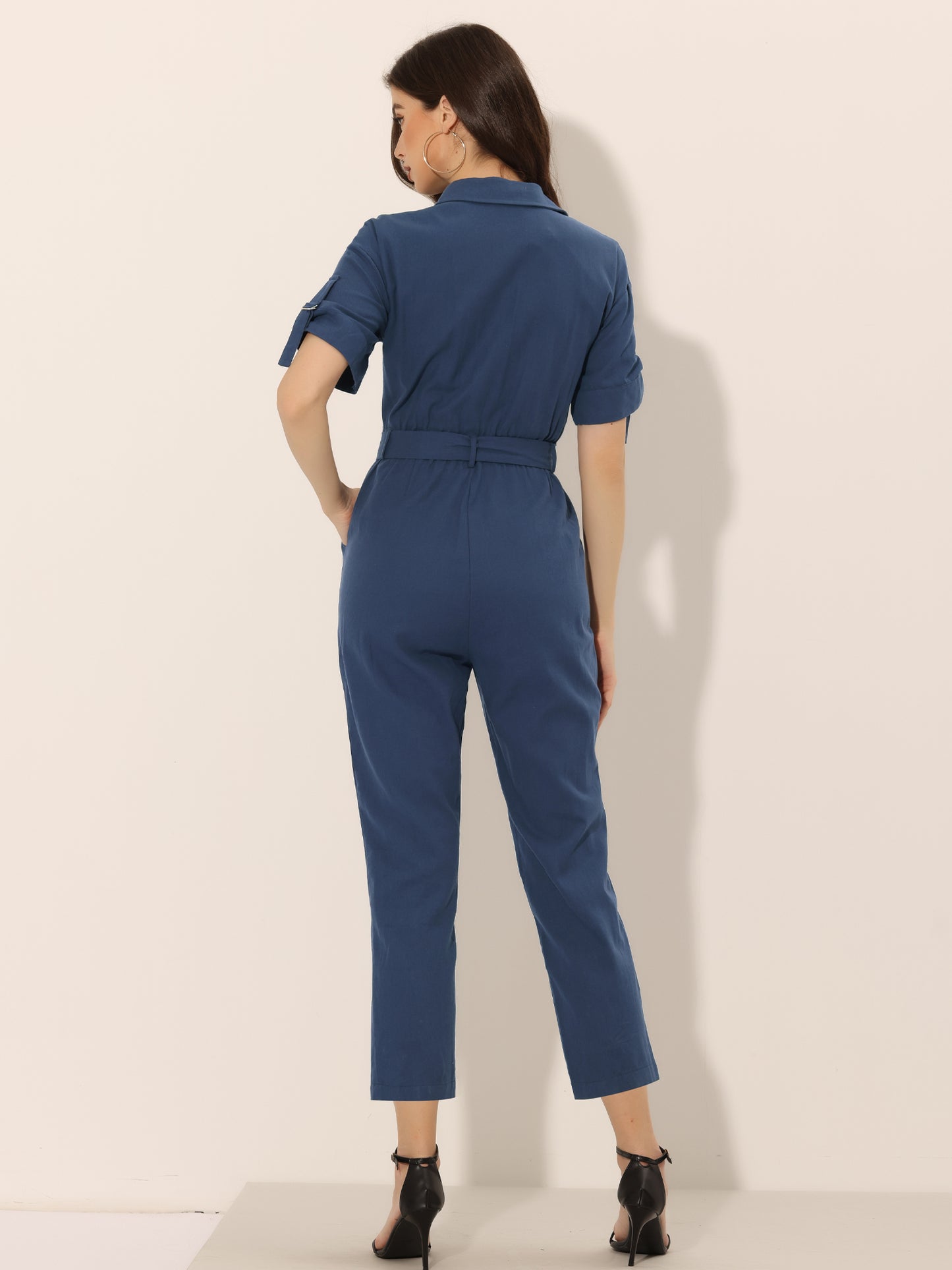 Women's Short Sleeve Collared Cropped Coverall Button Down Tie Waist Cotton Cargo Jumpsuit