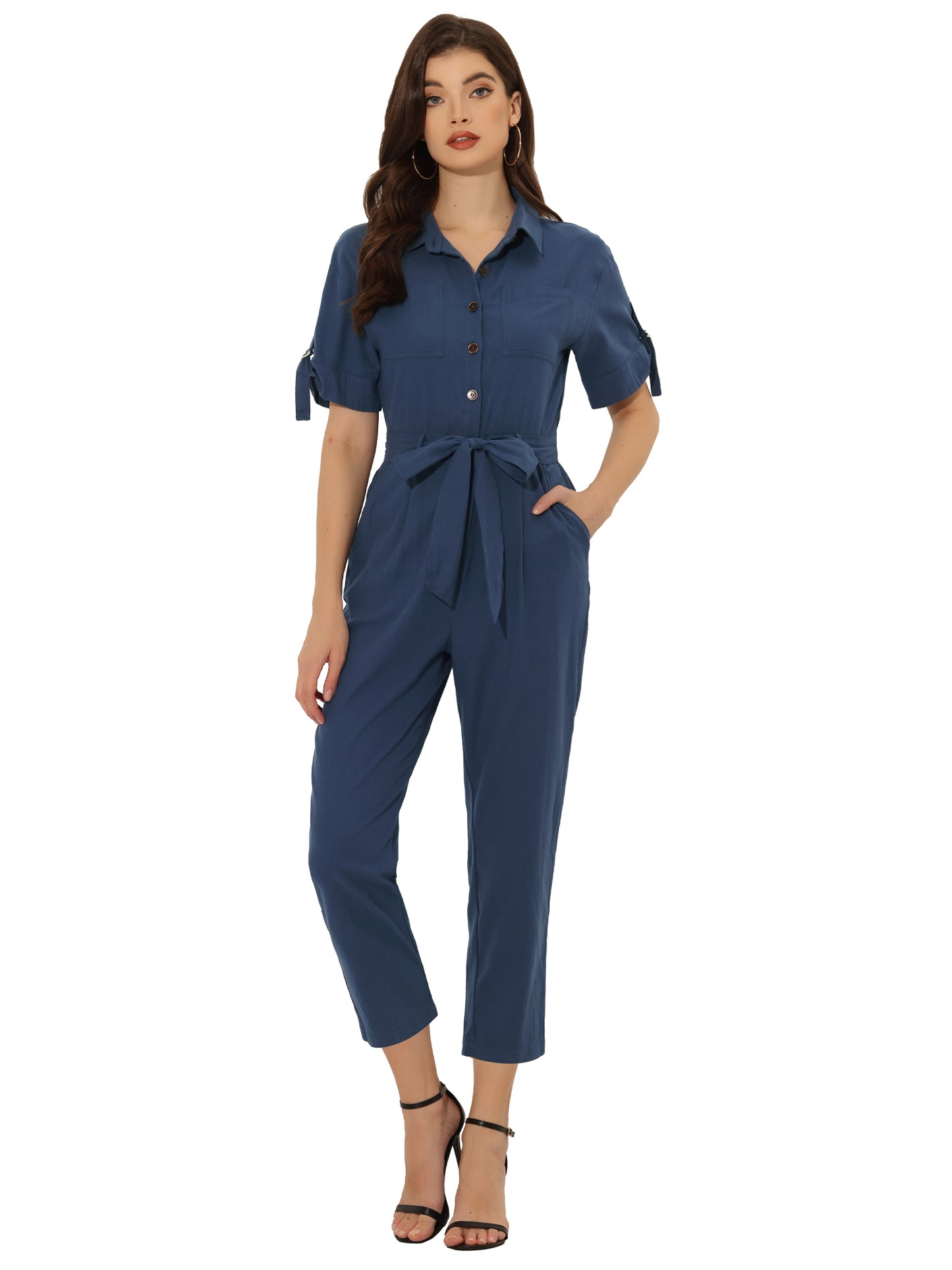 Women's Short Sleeve Collared Cropped Coverall Button Down Tie Waist Cotton Cargo Jumpsuit
