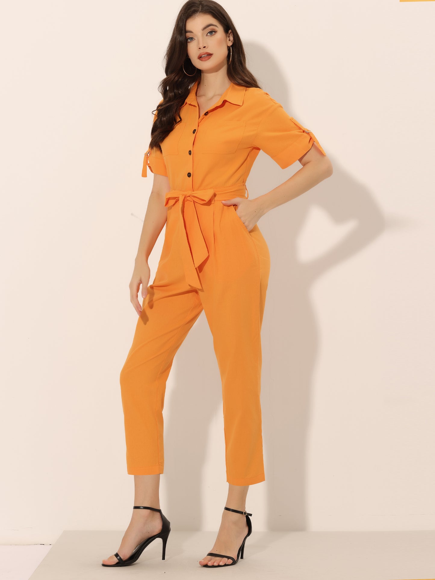Women's Short Sleeve Collared Cropped Coverall Button Down Tie Waist Cotton Cargo Jumpsuit