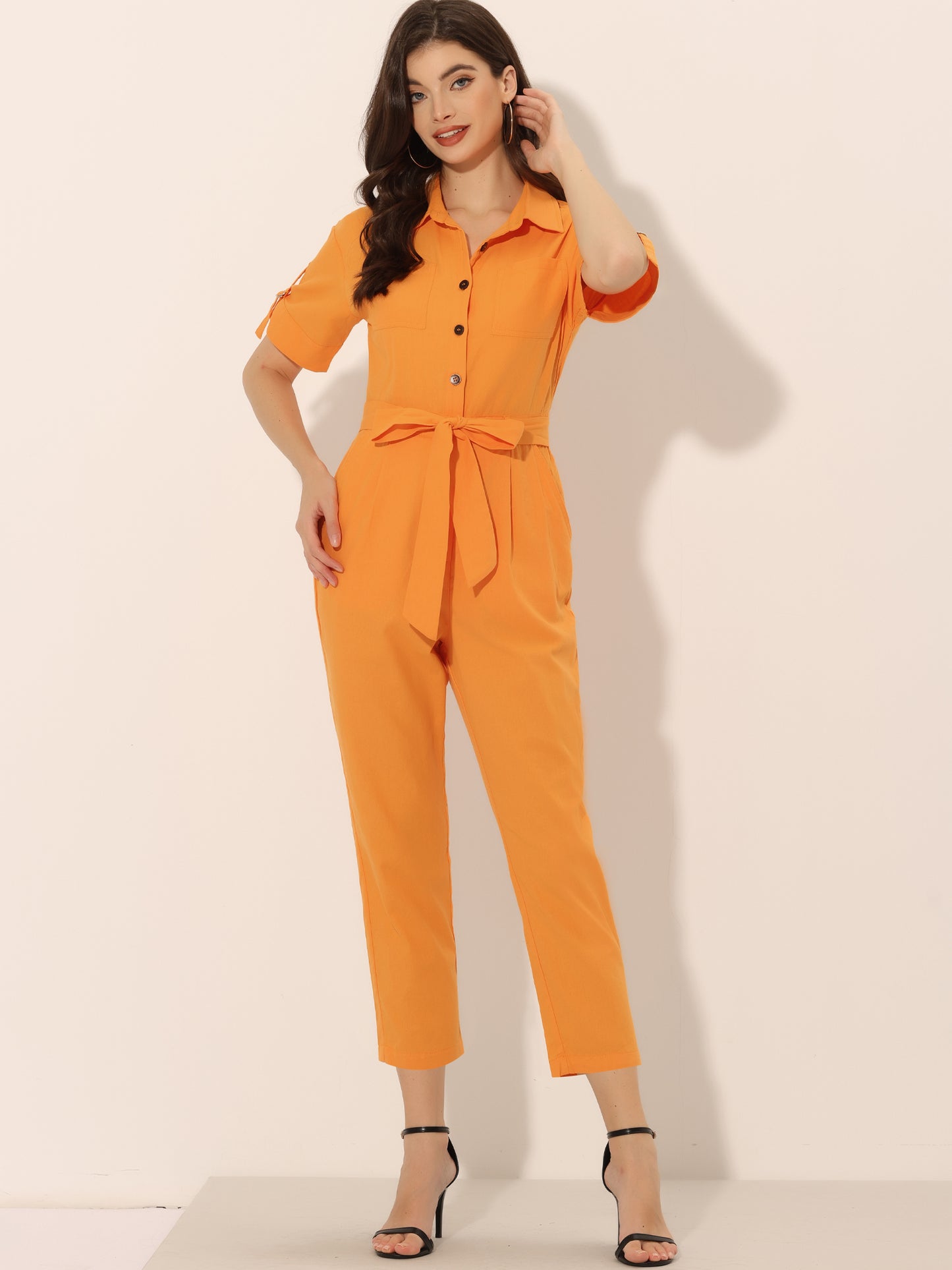 Women's Short Sleeve Collared Cropped Coverall Button Down Tie Waist Cotton Cargo Jumpsuit