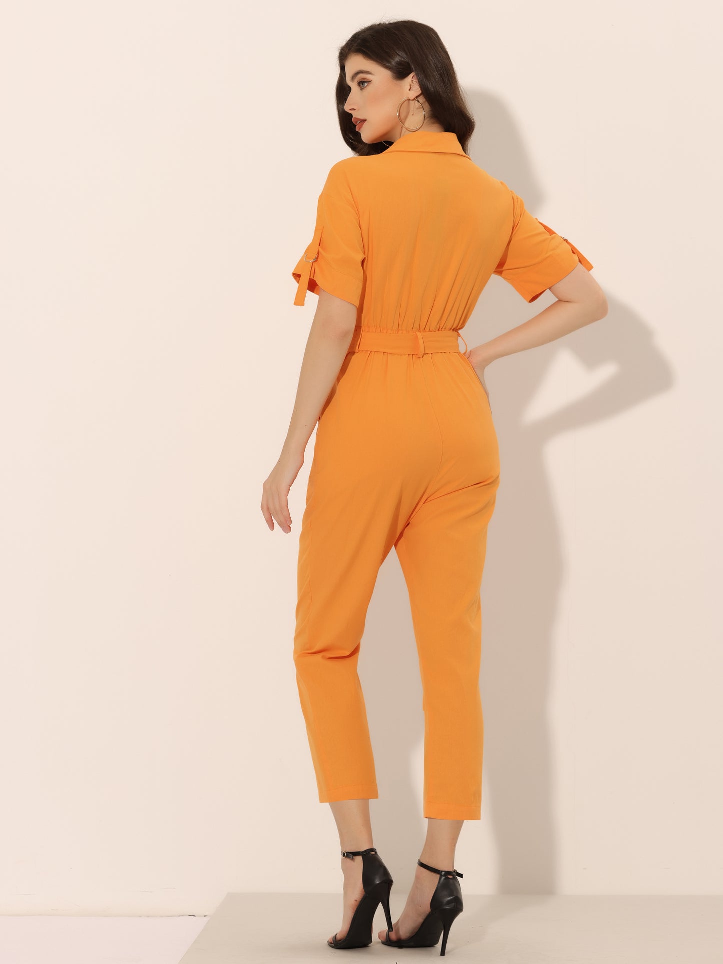 Women's Short Sleeve Collared Cropped Coverall Button Down Tie Waist Cotton Cargo Jumpsuit