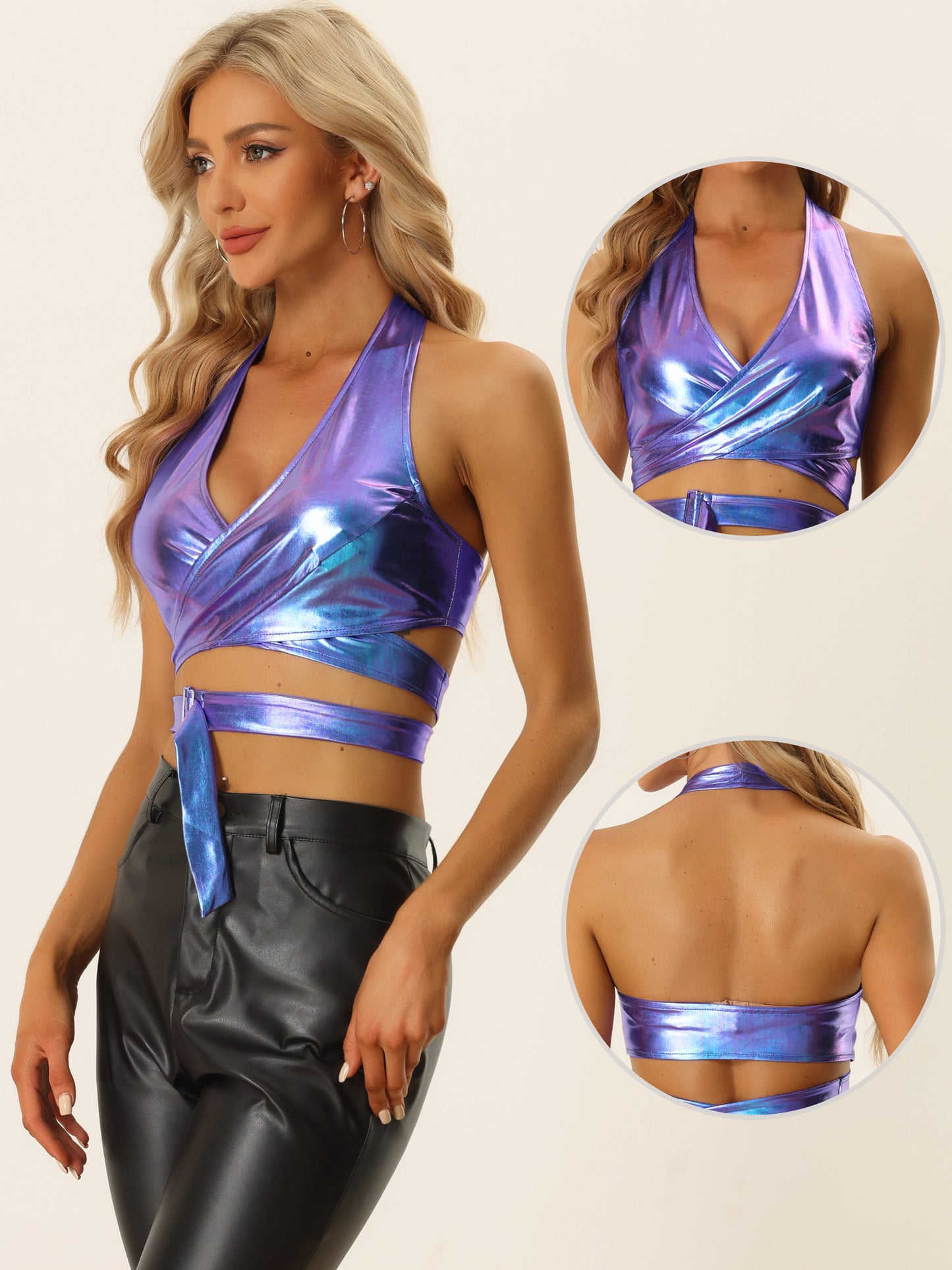 Women's Metallic Halter Neck Top Deep V Neck Backless Holographic Crop Top Clubwear
