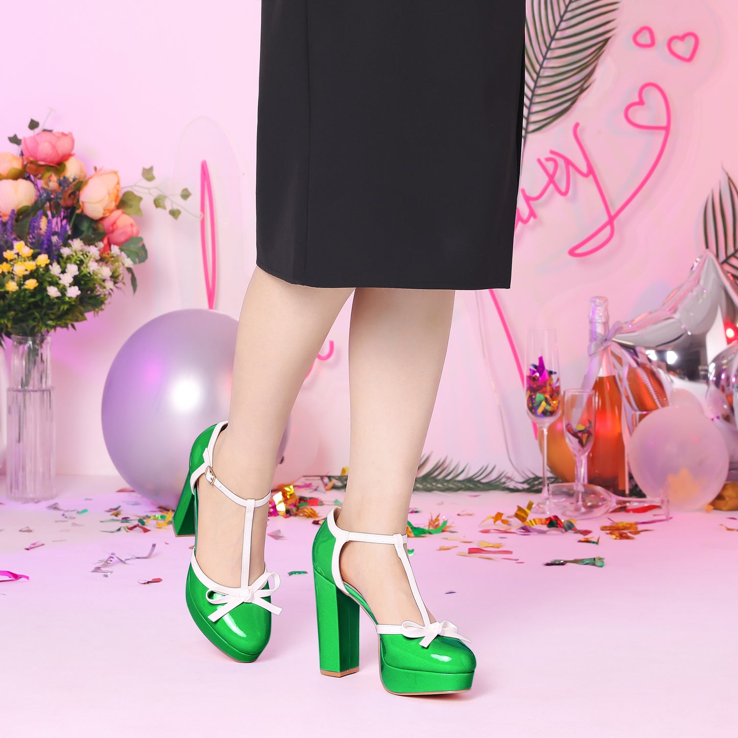 Zapatos de tacón grueso con plataforma y lazo en T para mujer