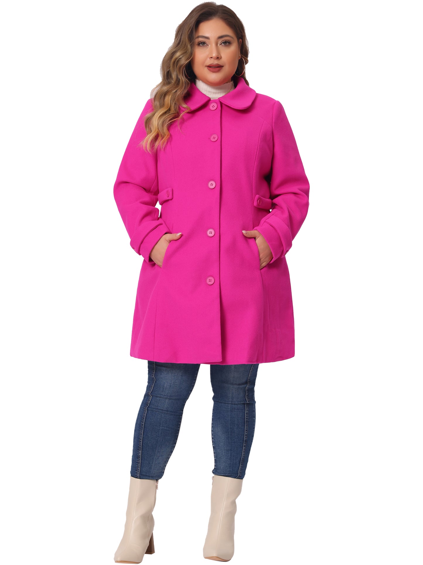 Women Plus Size Coats Peter Pan Collar Cuff Single Breasted Trench Jacket Winter Long Coat