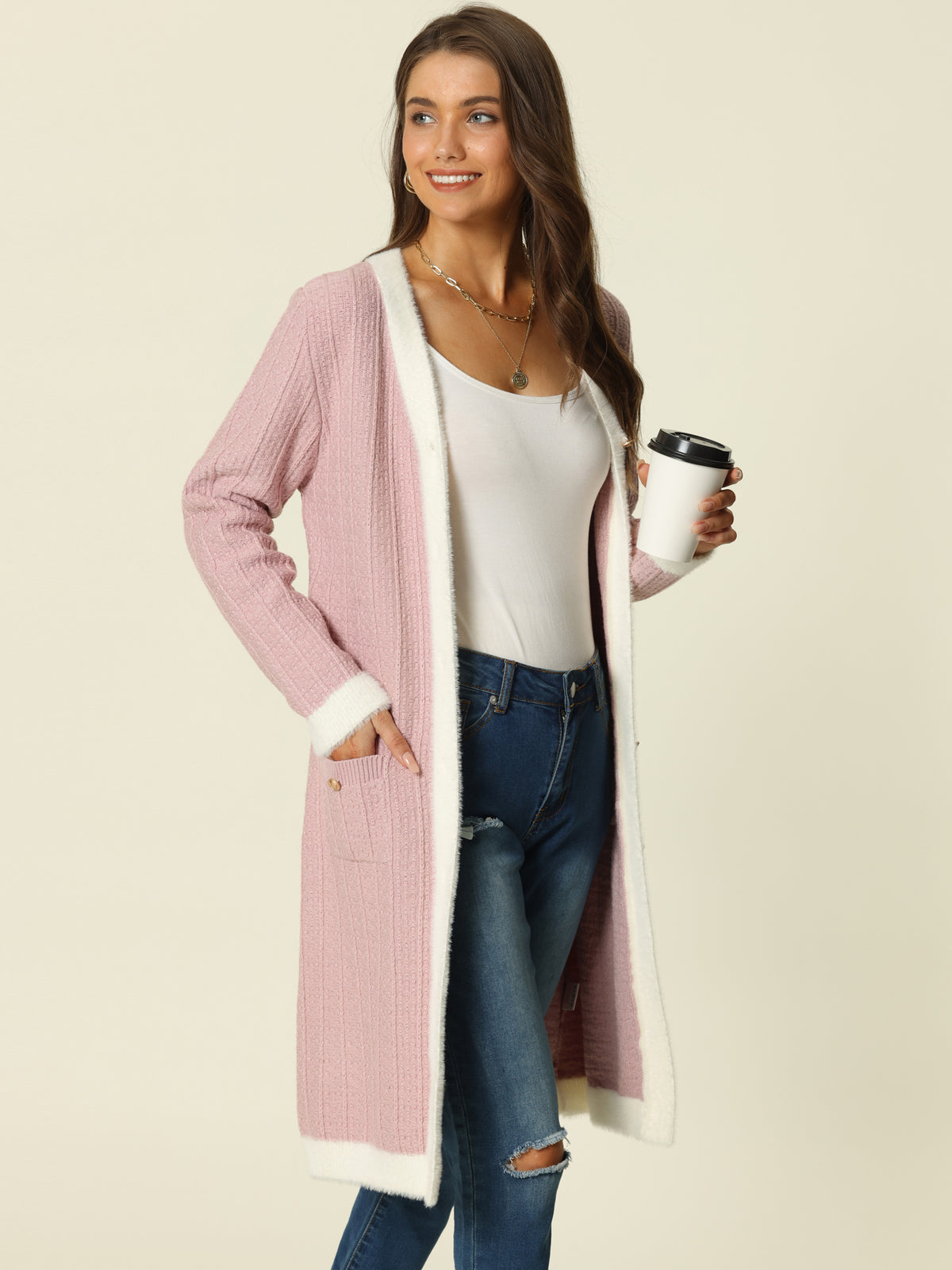 Women's Contrast Color Button Down Sweater Dress V Neck Long Sleeve Open Front Cardigan