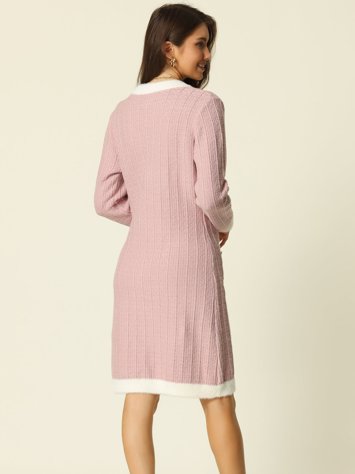 Women's Contrast Color Button Down Sweater Dress V Neck Long Sleeve Open Front Cardigan