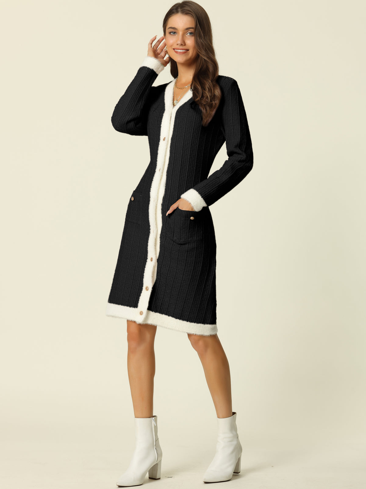 Women's Contrast Color Button Down Sweater Dress V Neck Long Sleeve Open Front Cardigan