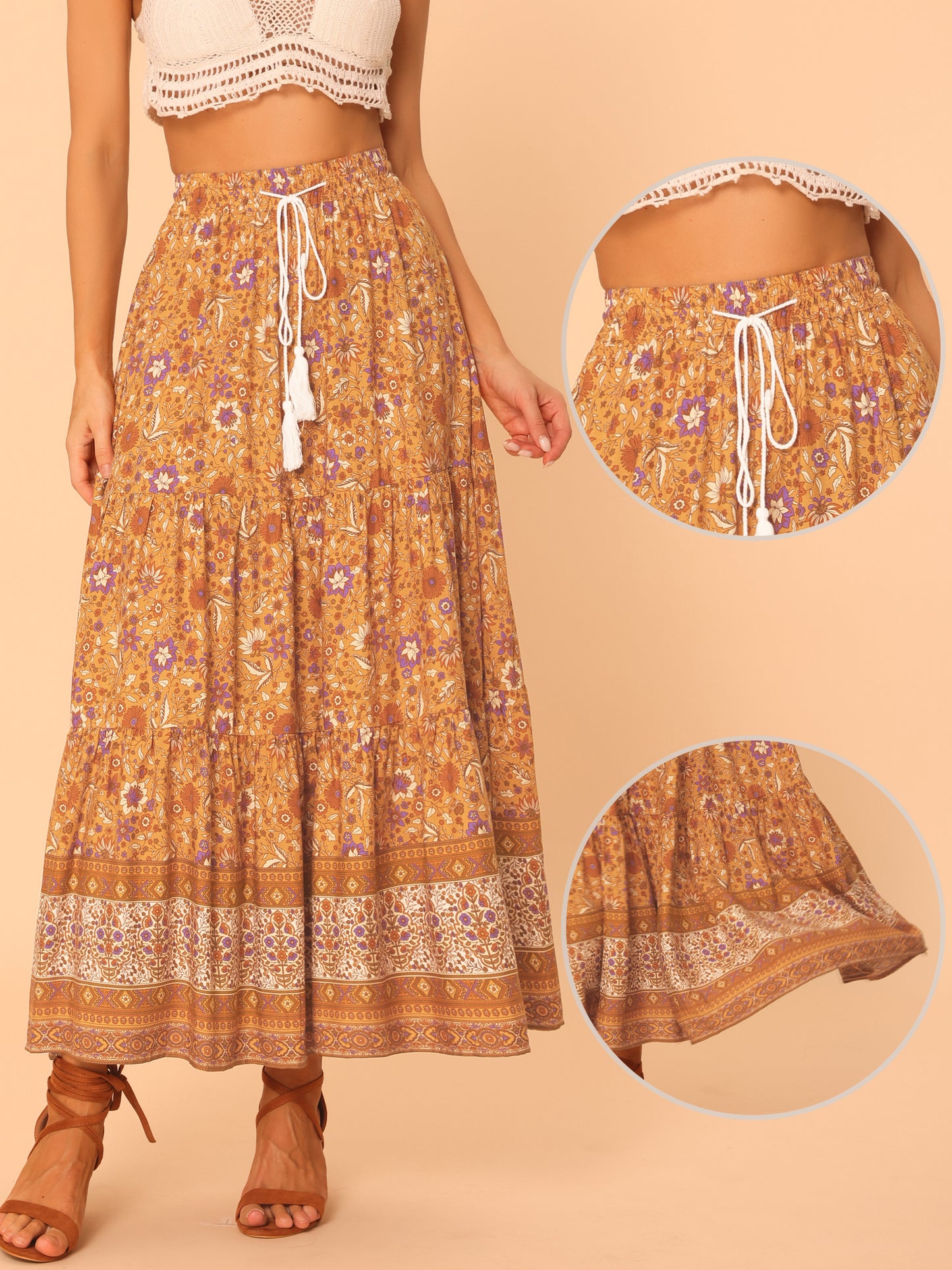 Women's Boho Skirt Summer Floral Bohemian Tassels Elastic Waist Maxi Skirt