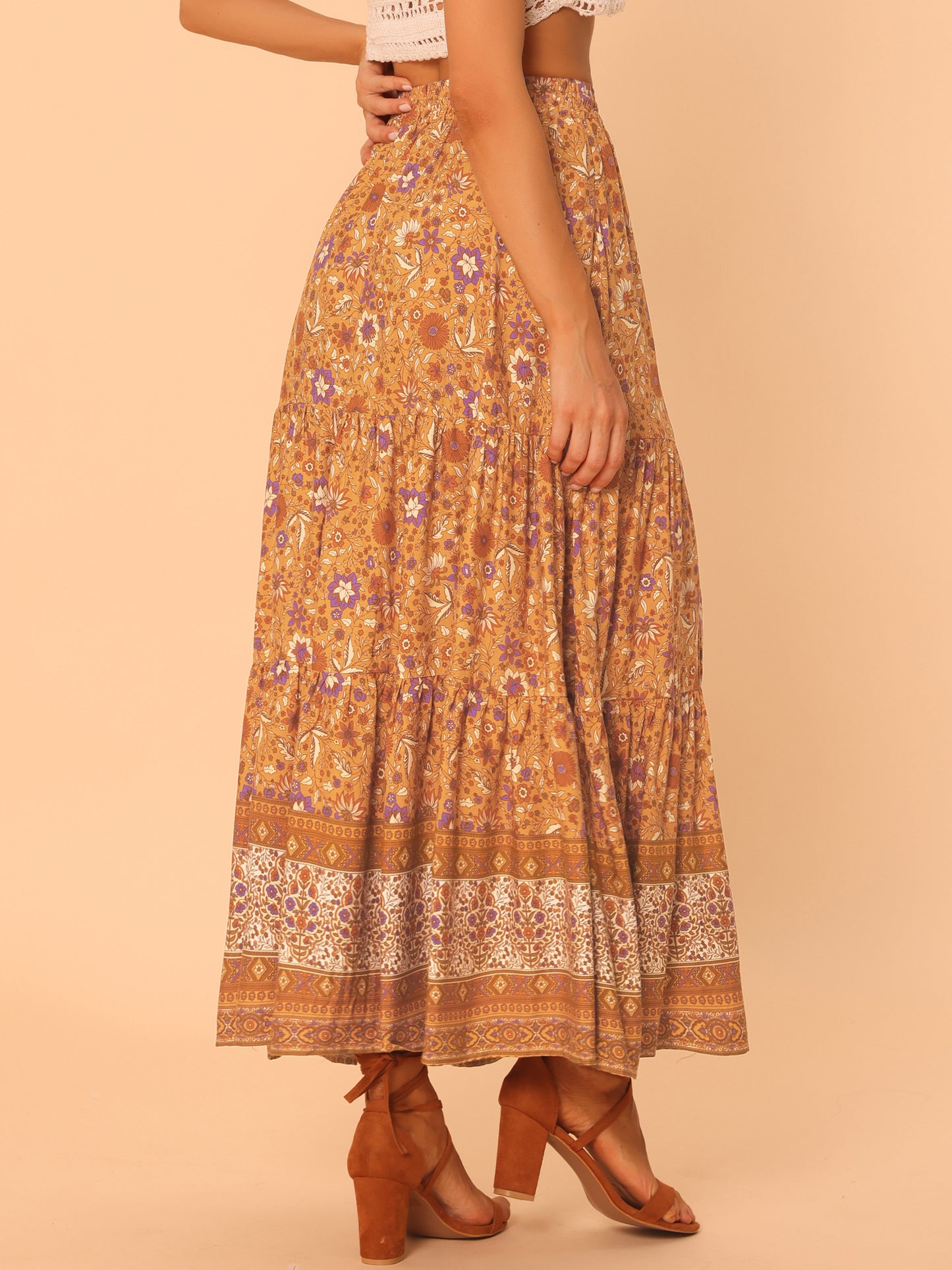 Women's Boho Skirt Summer Floral Bohemian Tassels Elastic Waist Maxi Skirt