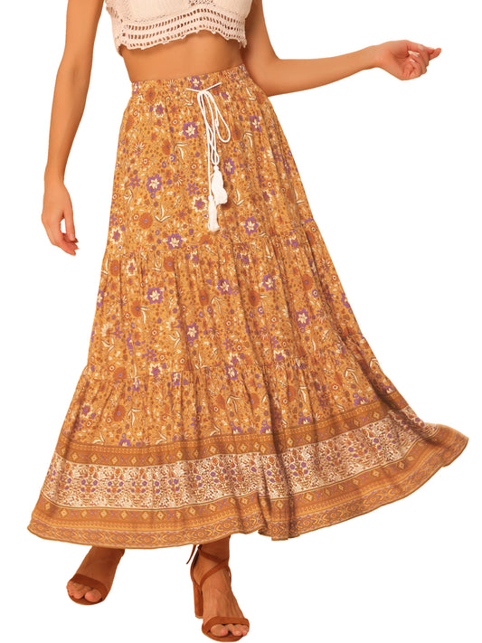 Women's Boho Skirt Summer Floral Bohemian Tassels Elastic Waist Maxi Skirt