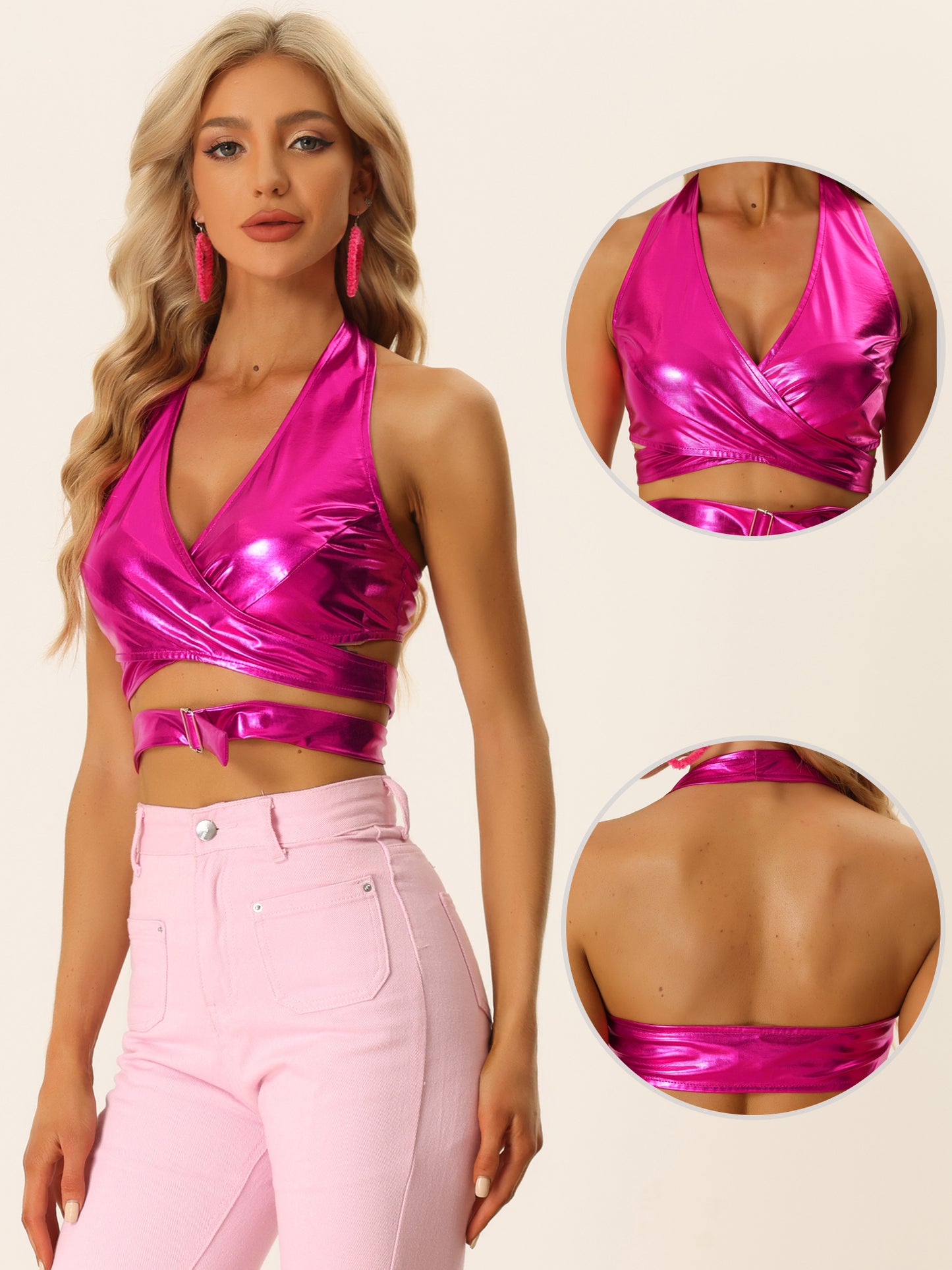 Women's Metallic Halter Neck Top Deep V Neck Backless Holographic Crop Top Clubwear