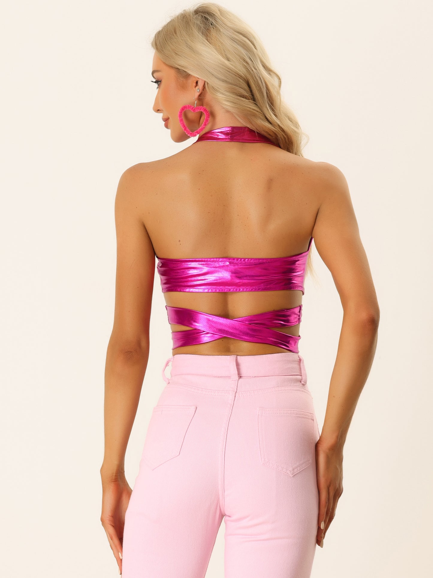 Women's Metallic Halter Neck Top Deep V Neck Backless Holographic Crop Top Clubwear