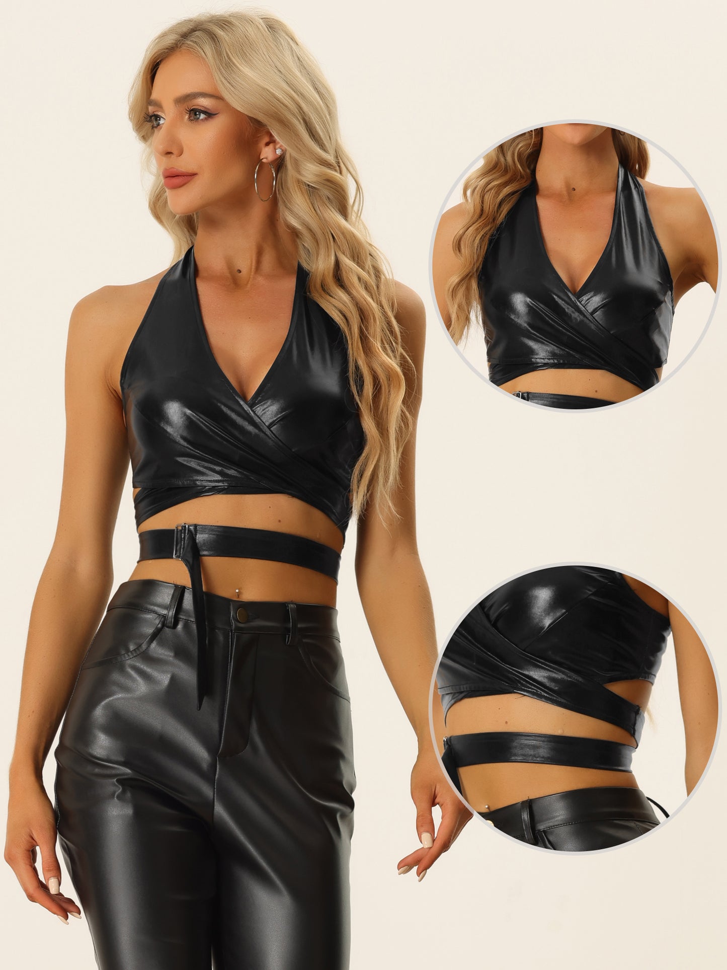 Women's Metallic Halter Neck Top Deep V Neck Backless Holographic Crop Top Clubwear