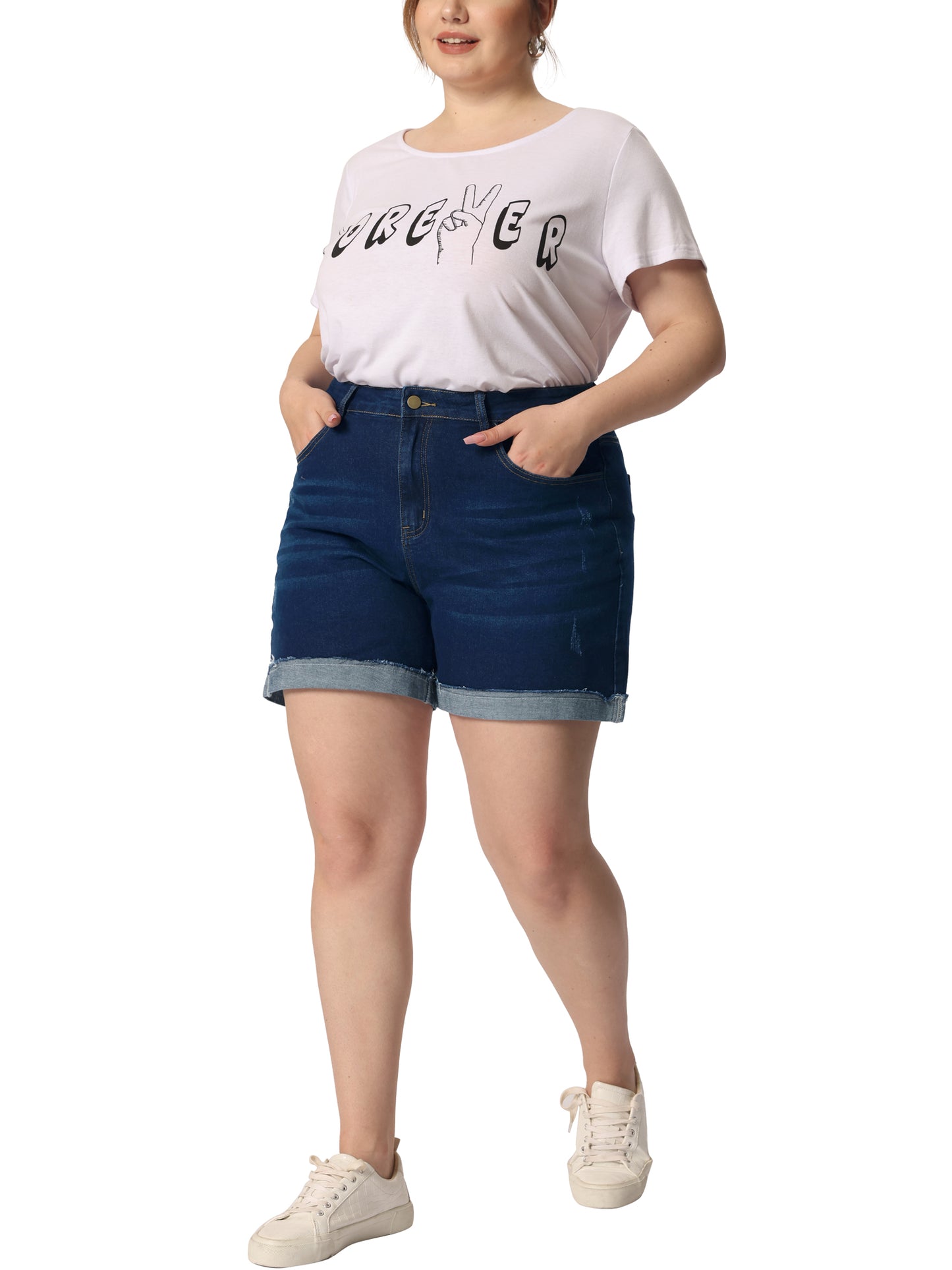 Pantalones cortos vaqueros de talla grande para mujer, con dobladillo enrollado y tiro medio, elásticos